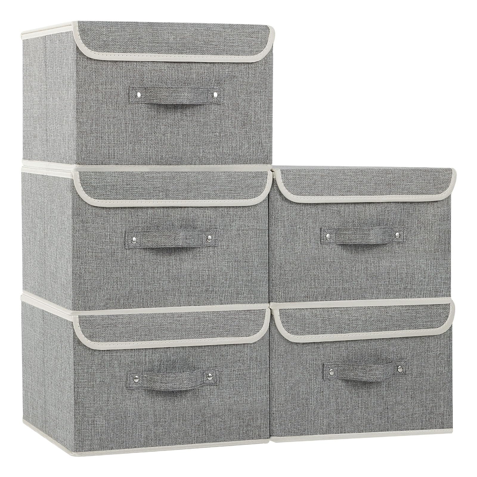 ENUMAIL Fabric Cube Organizers, Wardrobe Storage Box with Flip-Top Lid and Handles, Bins for Organizing Home, Office and Closet, Grey, 5 Pack, 33x23x20cm
