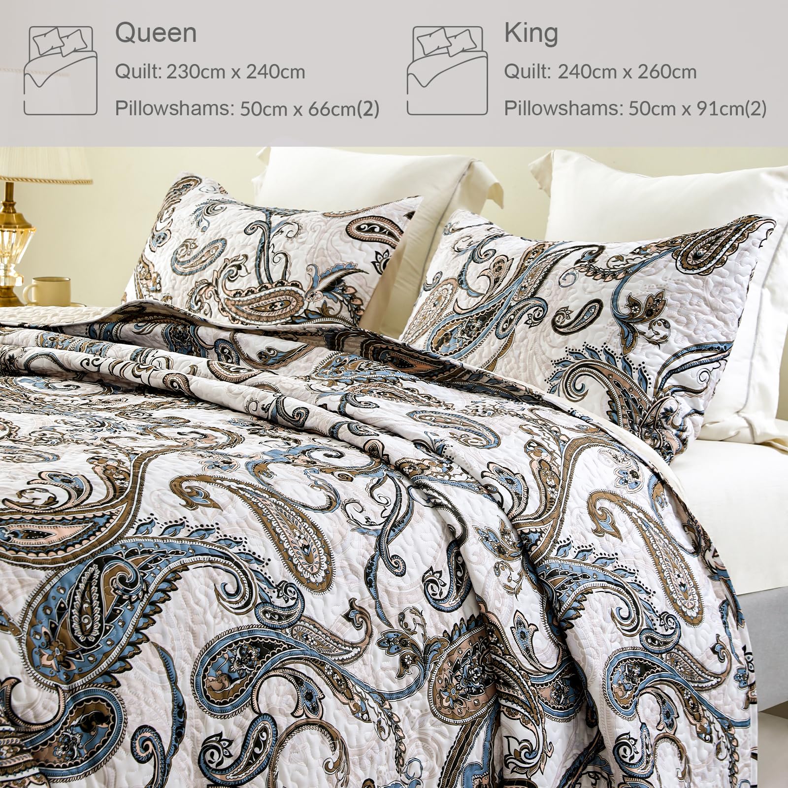 Whale Flotilla Copriletto 240 x 260 cm, Copriletto Matrimoniale con Motivo Stampato, Leggero con 2 Federe Per Tutte Le Stagioni, Paisley Beige