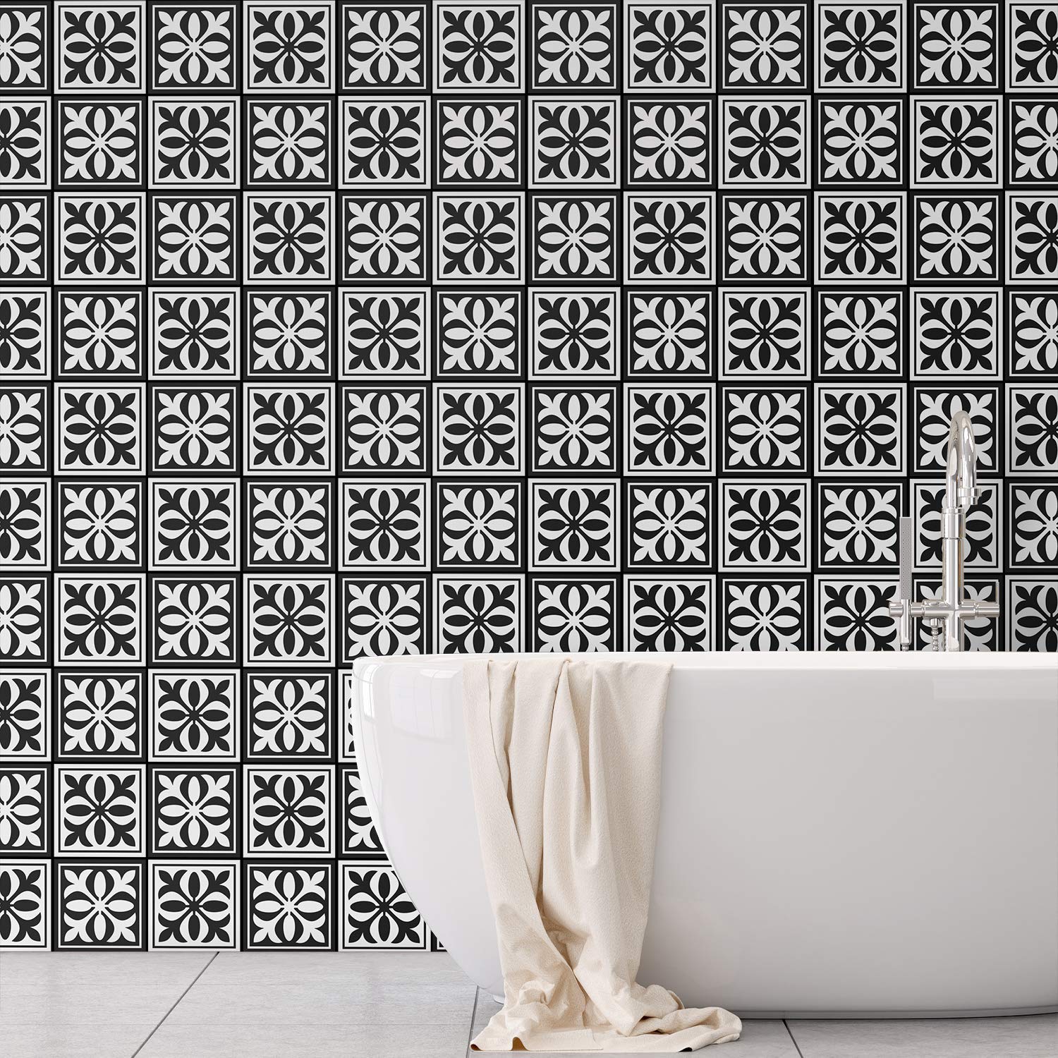 Walplus Black Wt1574 - Emma Monocromatic Victorian Wall Tile Sticker Set - 15 X 15 Cm (6 X 6 In) - 24 Pcs