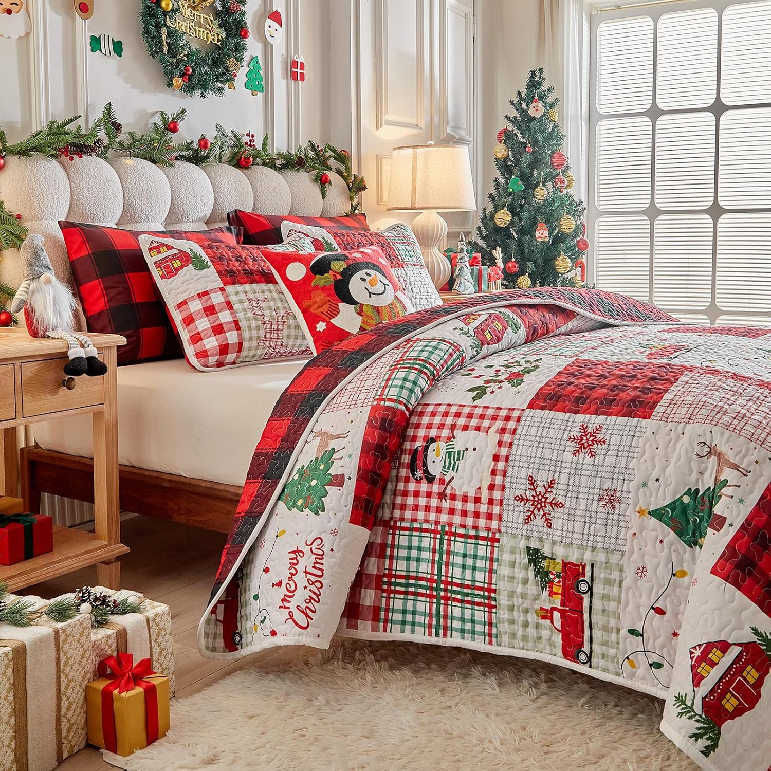 Christmas Patchwork Quilt Set King Size 101x88 - White Red Snowman Deer Snowflake Trees with Red Plaid - Xmas New Year Gingham Style Microfiber Winter Bedding Coverlet Thanksgiving Holiday Bedspread