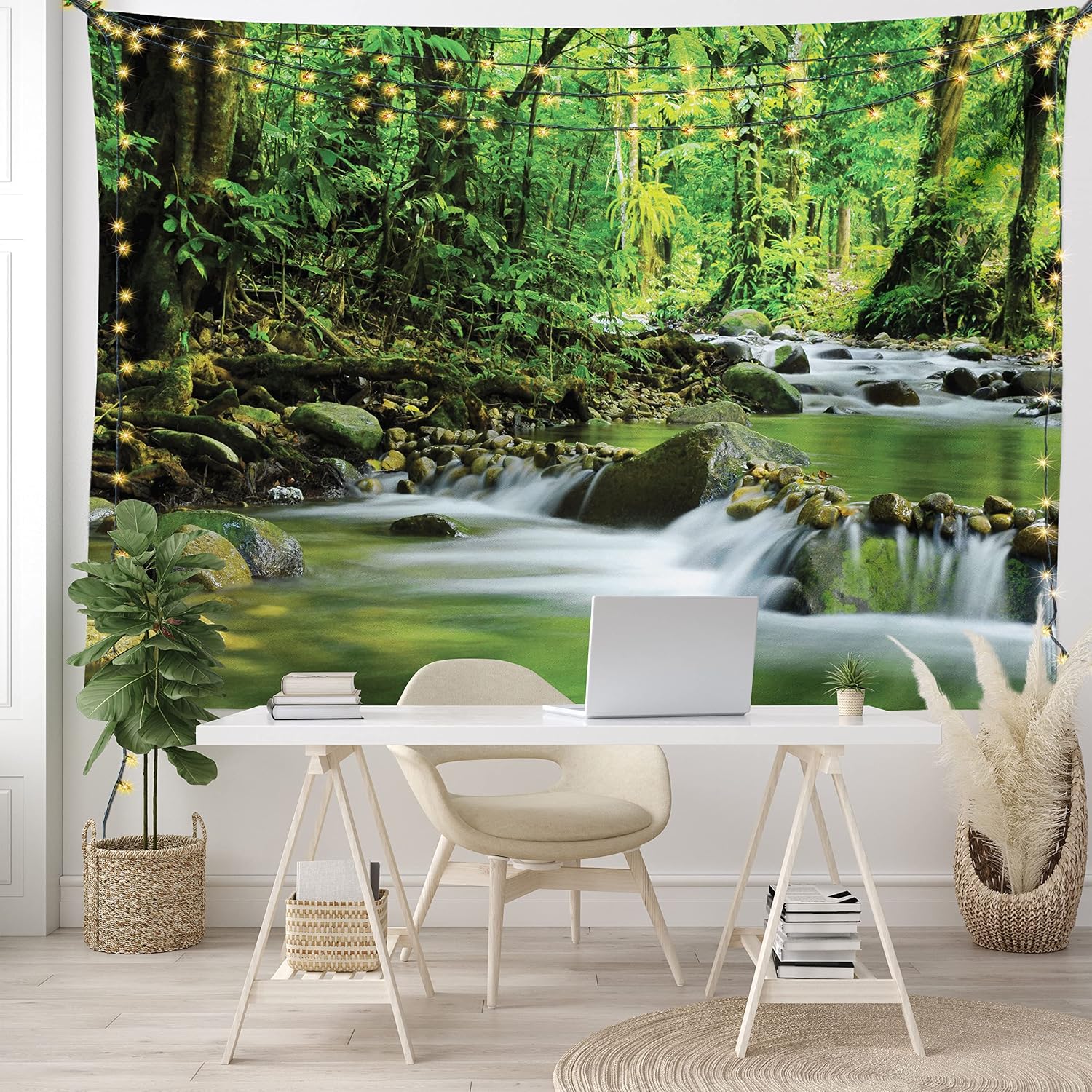 Ambesonne Rainforest Tapestry, Mountain Stream in a Tropical Rain Forest Foliage Countryside Wilderness Scene, Wide Wall Hanging for Bedroom Living Room Dorm, 60" X 40", Green Brown