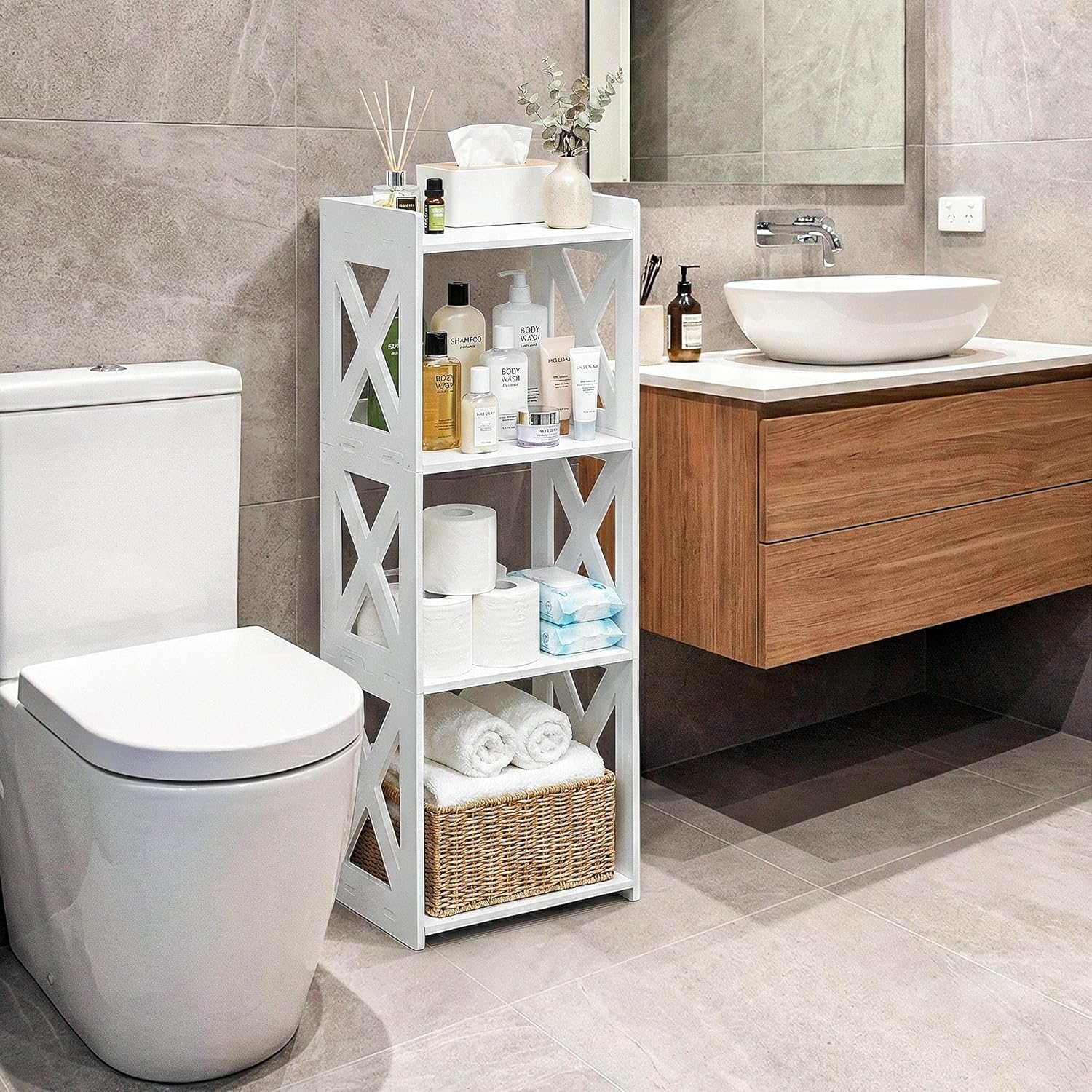 Small Bathroom Storage Corner Shelf, Waterproof PVC Narrow Floor Stand, Slim Gap Filler Organizer for Toilet Side, Laundry Room, Shower, Kitchen Spice Rack, White Restroom Holder (4-Tier)