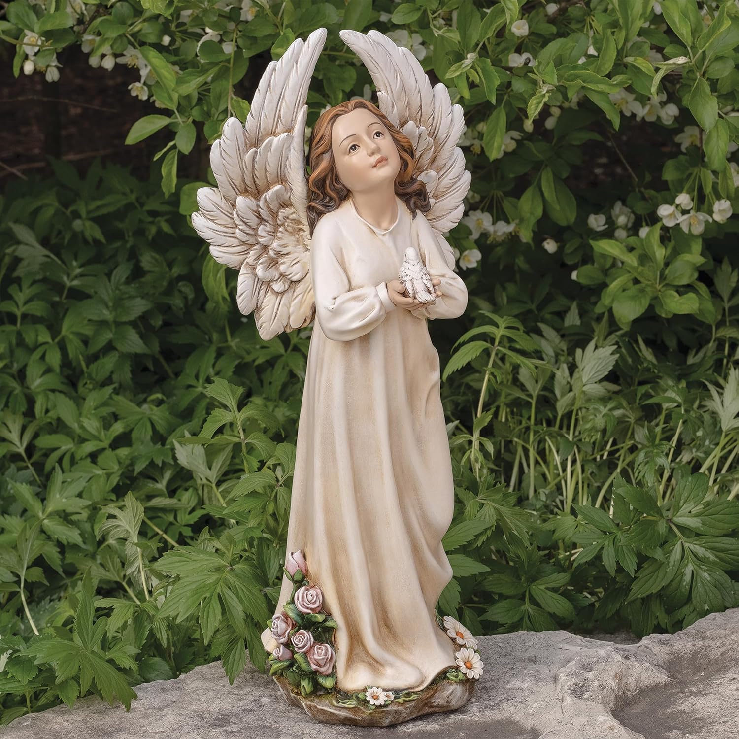 Roman, 18.5" H Standing Angel Holding a Dove Garden Statue, Religious Outdoor Decor,