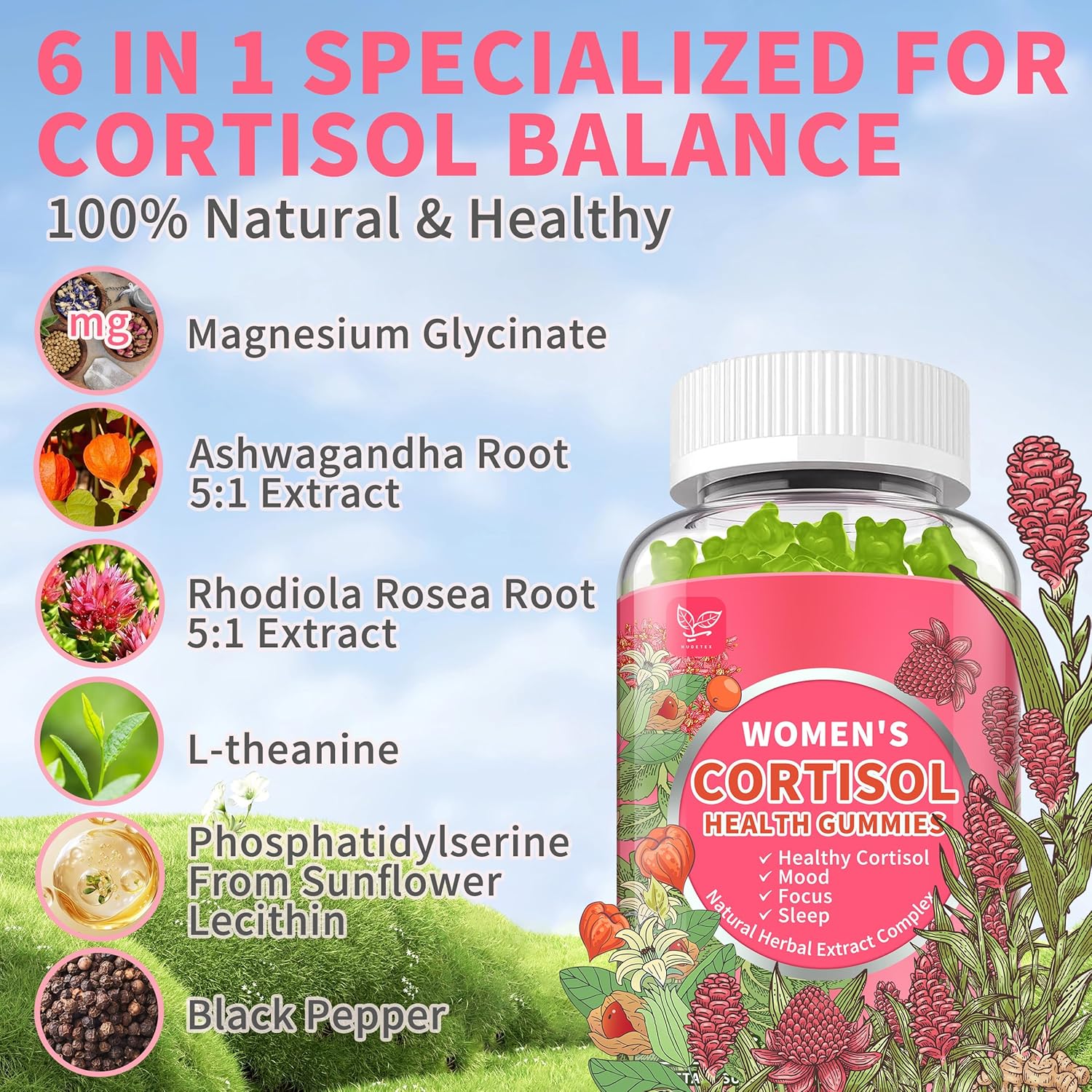 (2 Pack) Cortisol Gummies for Women,Cortisol Manager with Ashwagandha,Magnesium,L-theanine,Phosphatidylserine,Rhodiola Rosea,Black Pepper for Mood Support,Sleep,Apple Flavor,60 Day Supply - Image 6