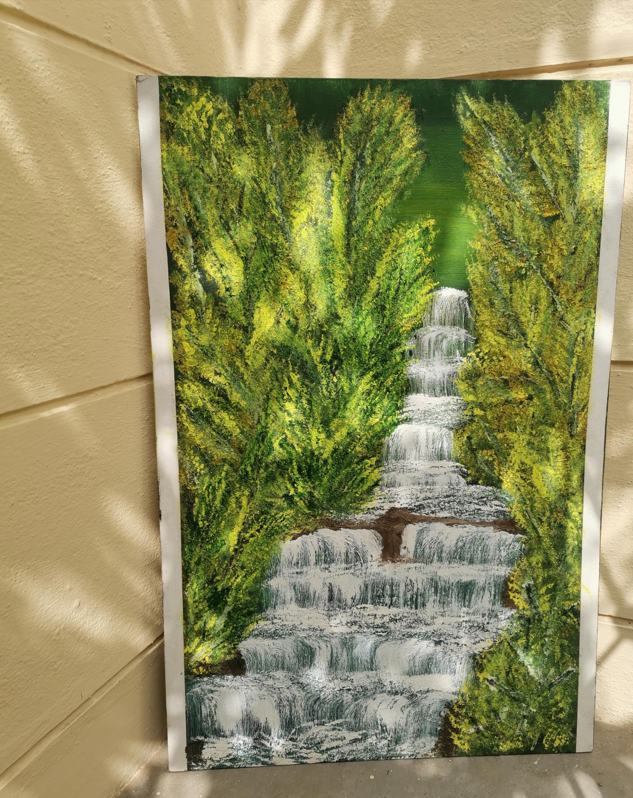 Waterfall Canvas Wall Art, Green Forest Nature Scene, Tiered Cascade Water Feature