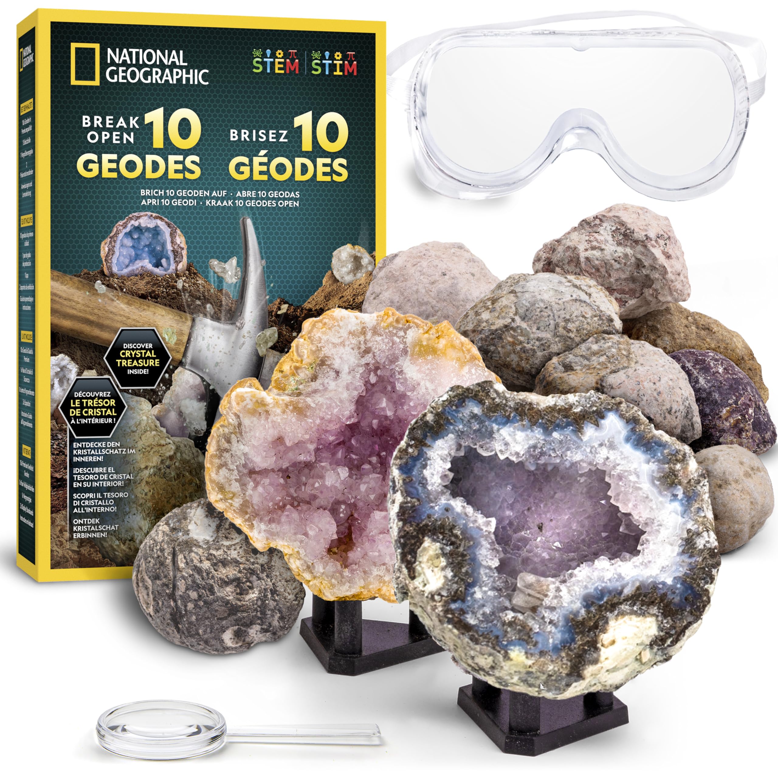 National Geographic Kit Scientifique CTIM 10 Géodes à Casser avec Lunettes Supports Cadeau Géologie Enfants