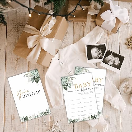 Miniatura 3 de TPYEN Invitaciones para baby shower de acuarela vegetación  Baby In Bloom  25 tarjetas de invitación de estilo con sobres  Decoraciones y