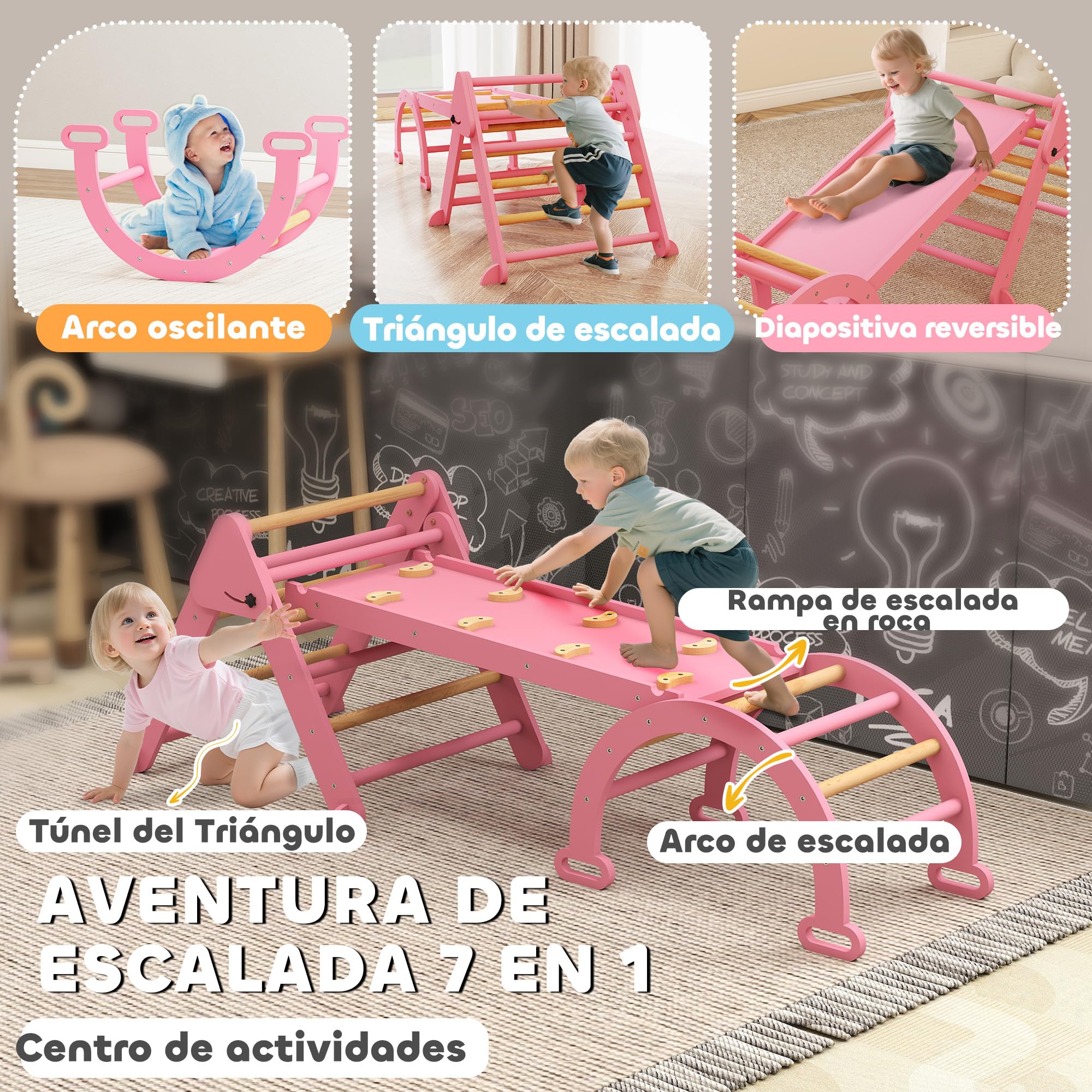 AIYAPLAY 7 en 1 Triángulo de Escalada Montessori con Arco y Rampa, Escalada para Niños de Madera Plegable, para 18-48 Meses, para Deslizarse o Escalar, 188x70 cm, Rosa