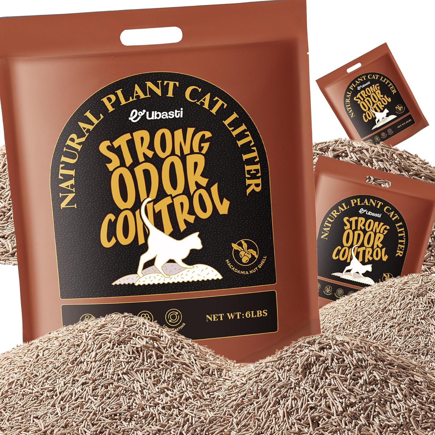 Ubasti Tofu Cat Litter 18lb - Strong Odor Control Pellets Enhanced with Macadamia Nut Shell, 100% Natural & Biodegradable, Dust-Free, Unscented - 3 Pack of 6 lbs 6lbx3bags