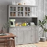 Homsee Large Kitchen Pantry Storage Cabinet with Glass Doors & Hutch, 75.9