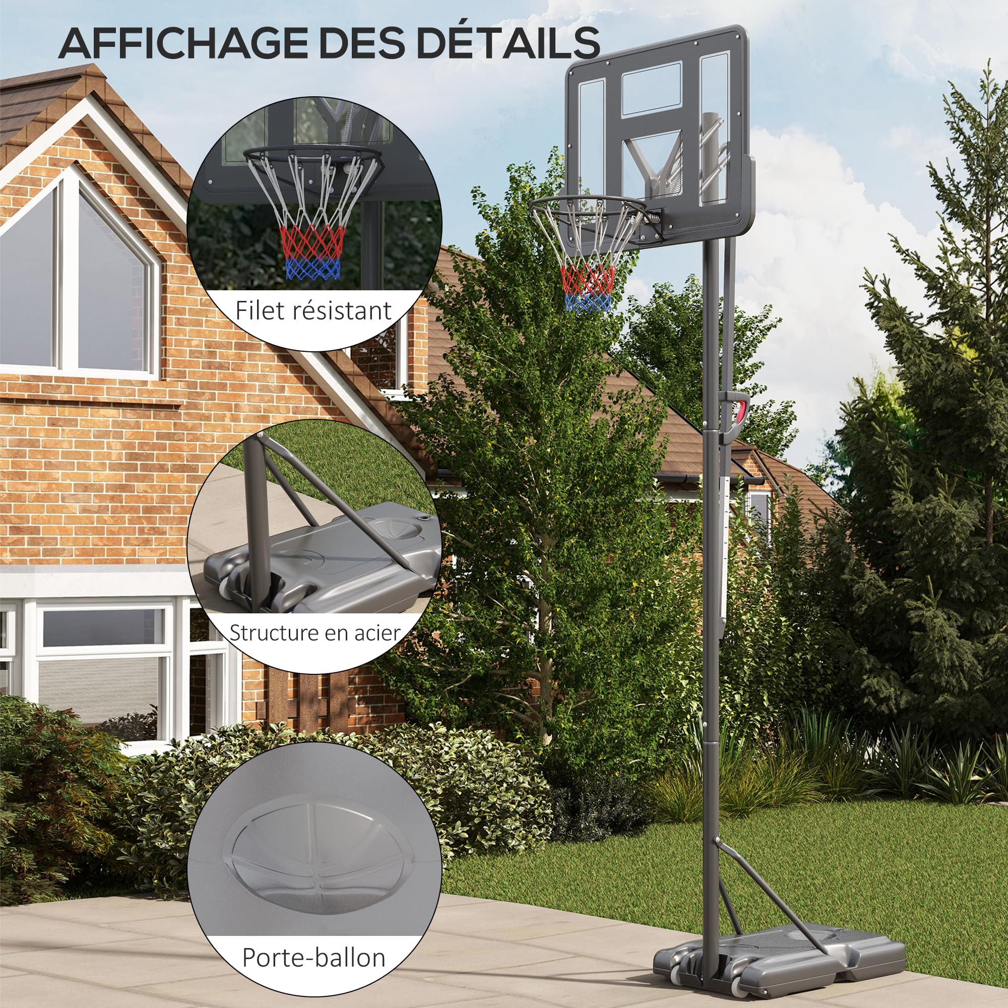 SPORTNOW Panier De Basket Sur Pied Hauteur Réglable 235-264cm - Avec Base Lestage Et Roulettes, Noir