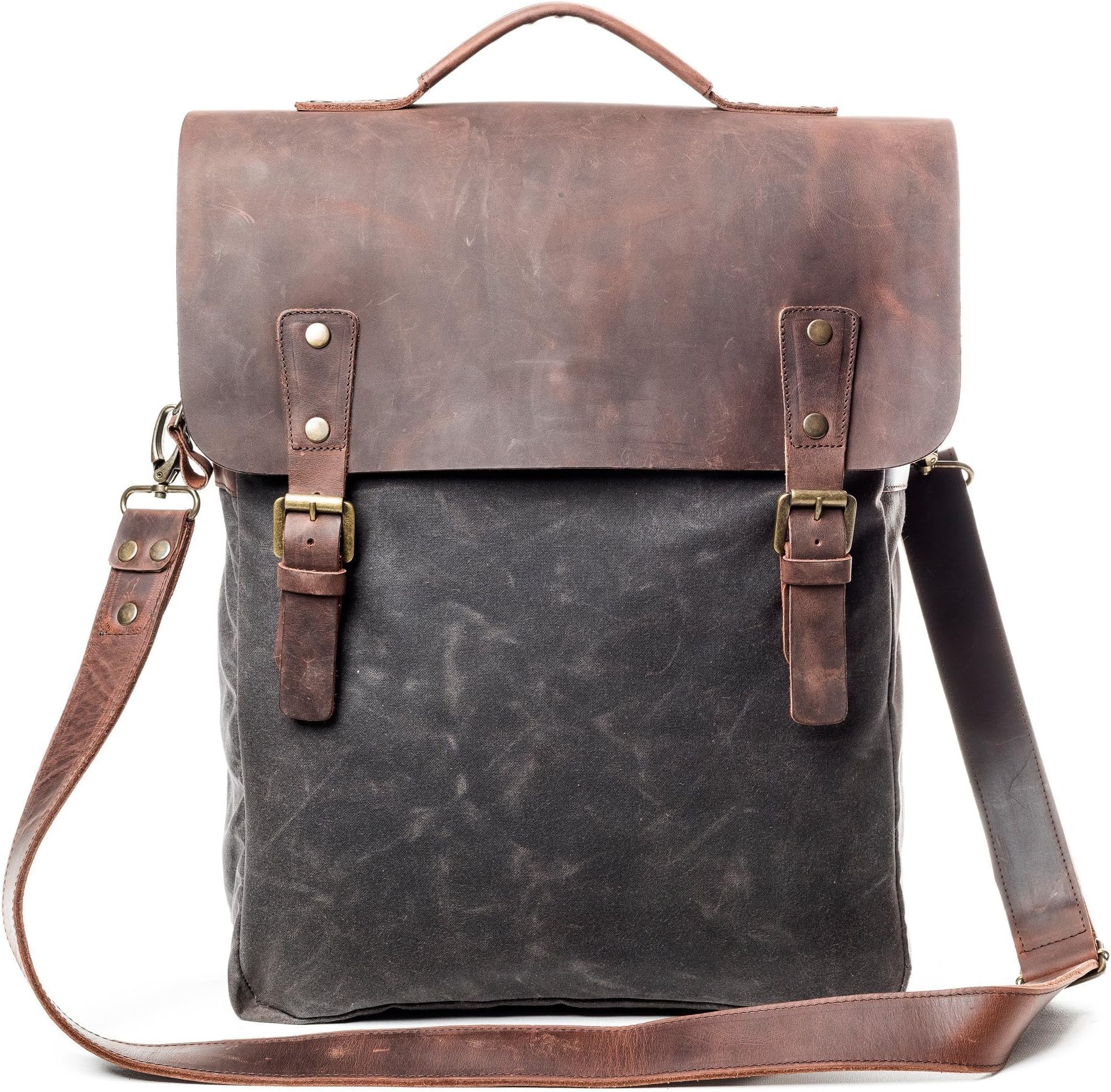 Vintage Handmade Slim Flap Backpack - Made From Waxed Canvas & Leather - High Quality Retro Laptop Rucksack With Waterproof Lining For Men And Women