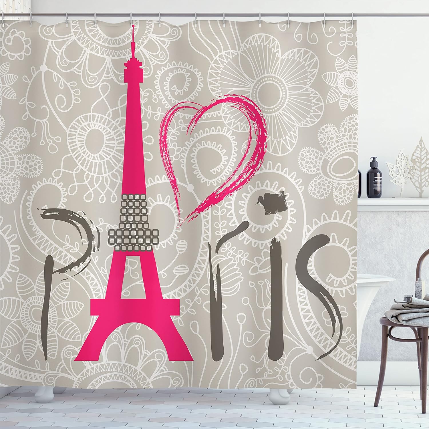 Ambesonne Eiffel Tower Shower Curtain, Paris Lettering I Love Paris Lace Pattern Background Heart Shape, Cloth Fabric Bathroom Decor Set with Hooks, 69" W x 70" L, Grey Pink
