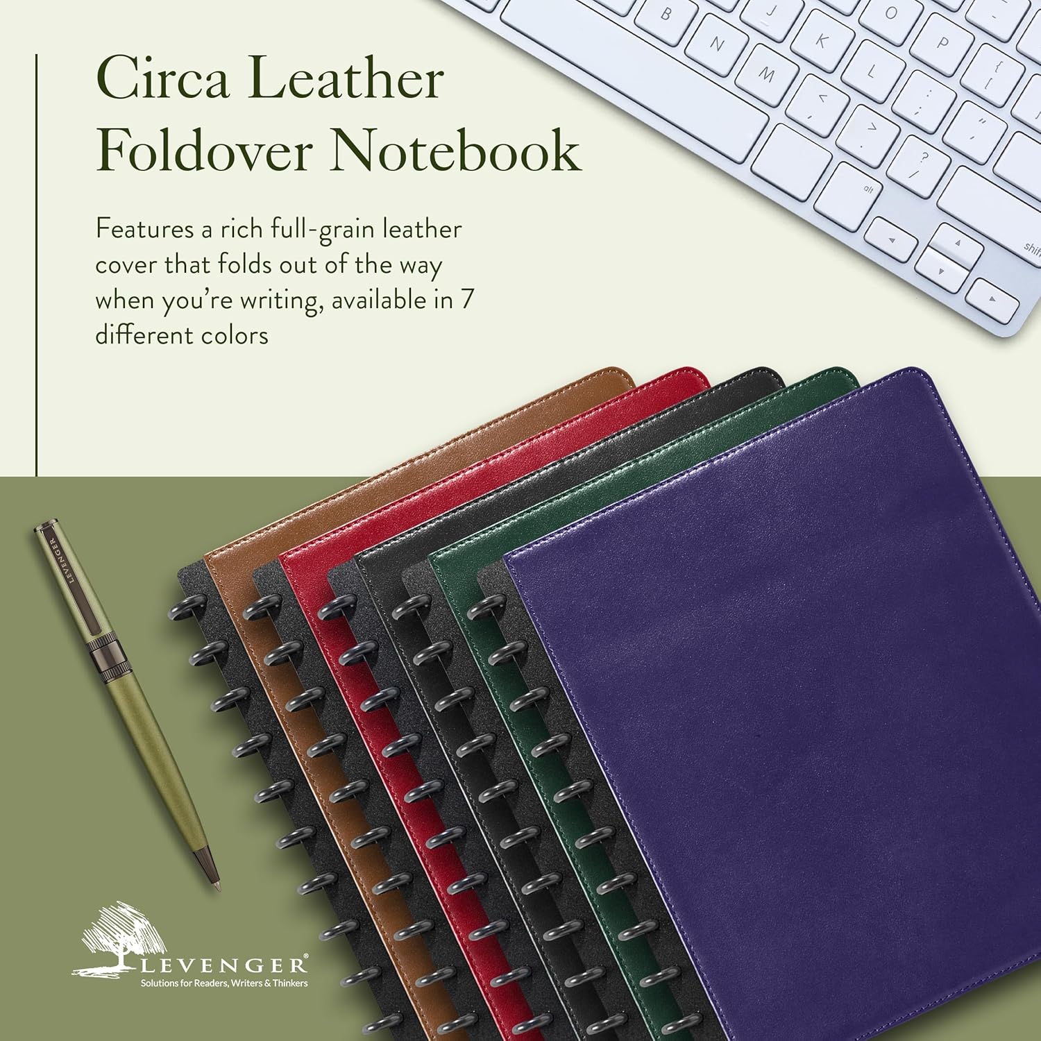 Levenger Circa Premium Leather Foldover Discbound Notebook Journal with Pockets, Purple, Letter