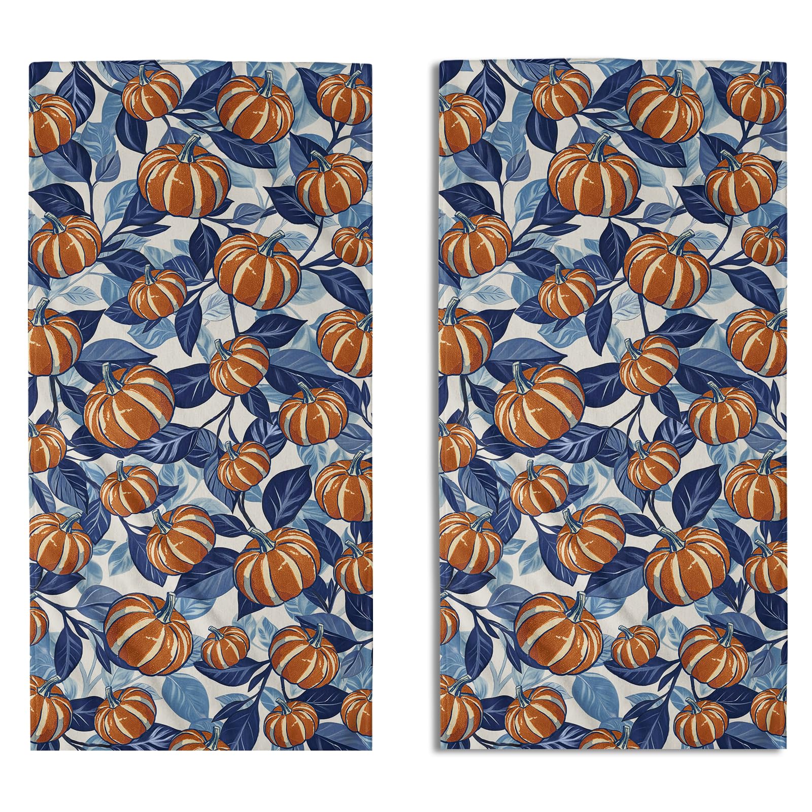 Blue Burnt Orange Fall Pumpkin Hand Towels for Bathroom Set of 2 Autumn Harvest Thanksgiving Day Holiday Print Decorative Handtowels Soft Absorbent Bath Towel for Home Guest Room Hotel Gym Spa