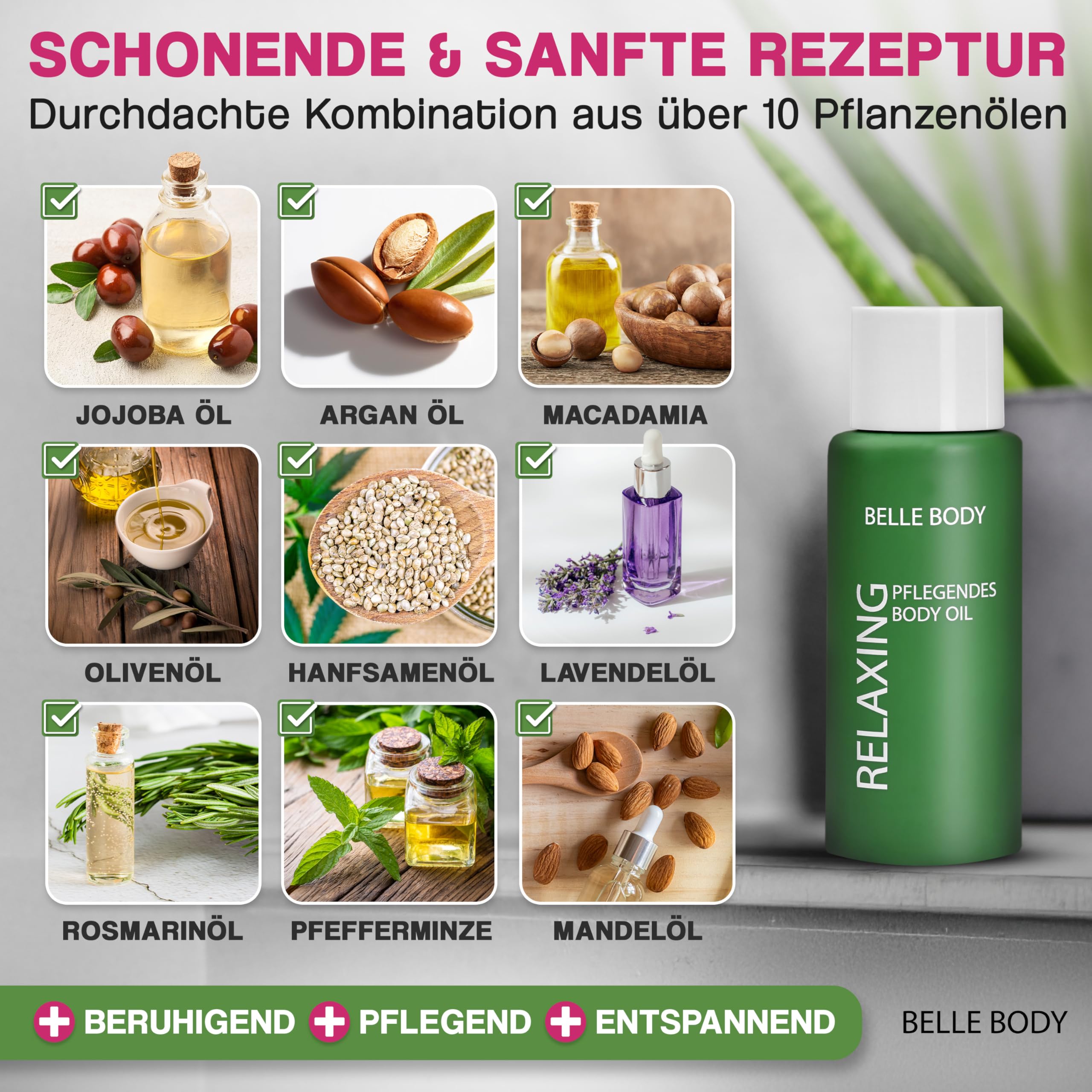 Belle Body Pflegendes Body Oil 1x50ml – Beruhigendes Körperöl nach Rasur & Haarentfernung – Mit natürlichen pflanzlichen Ölen - Für Intimbereich, Beine & Körper