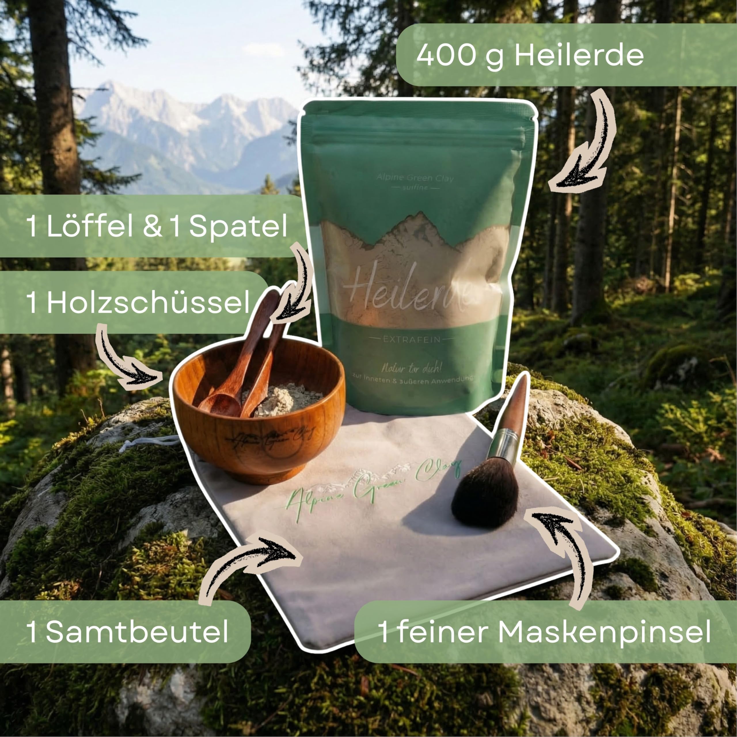 Heilerde Maskenset gegen Pickel & Unreinheiten – DIY Gesichtsmaske Set mit Schale & Pinsel – Grüne Tonerde Österreich – Naturkosmetik Tiefenreinigung – Vegan Clean Beauty