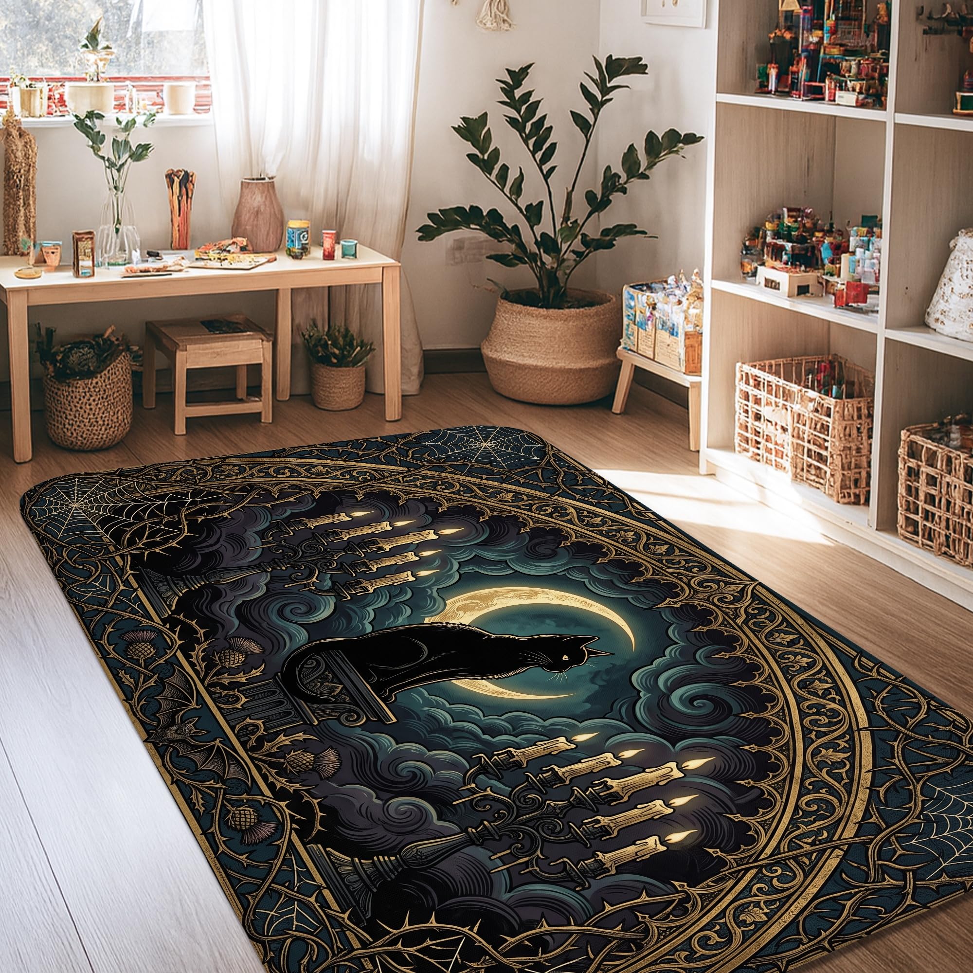 Alfombra de gatos y luna mística gótica rectangular negra de esponja fina para dormitorio