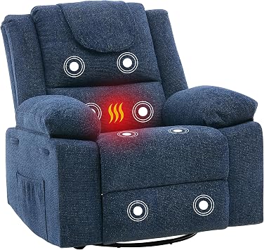 Adults Oversized Rocking Nursery Glider Recliner Chair,360 Swivel Rock Recliner Chairs Single Sofa with Vibration Massage and Heating for Living Room/Bedroom,Blue