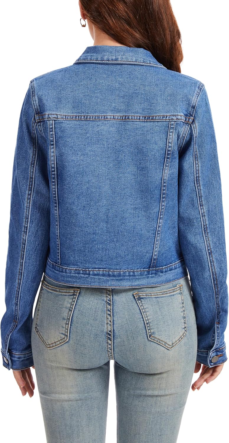 andy & natalie Women's Jean Jacket Stretch Cropped Button Down Denim Jackets Fitted Classic Jacket with Pockets - Image 7