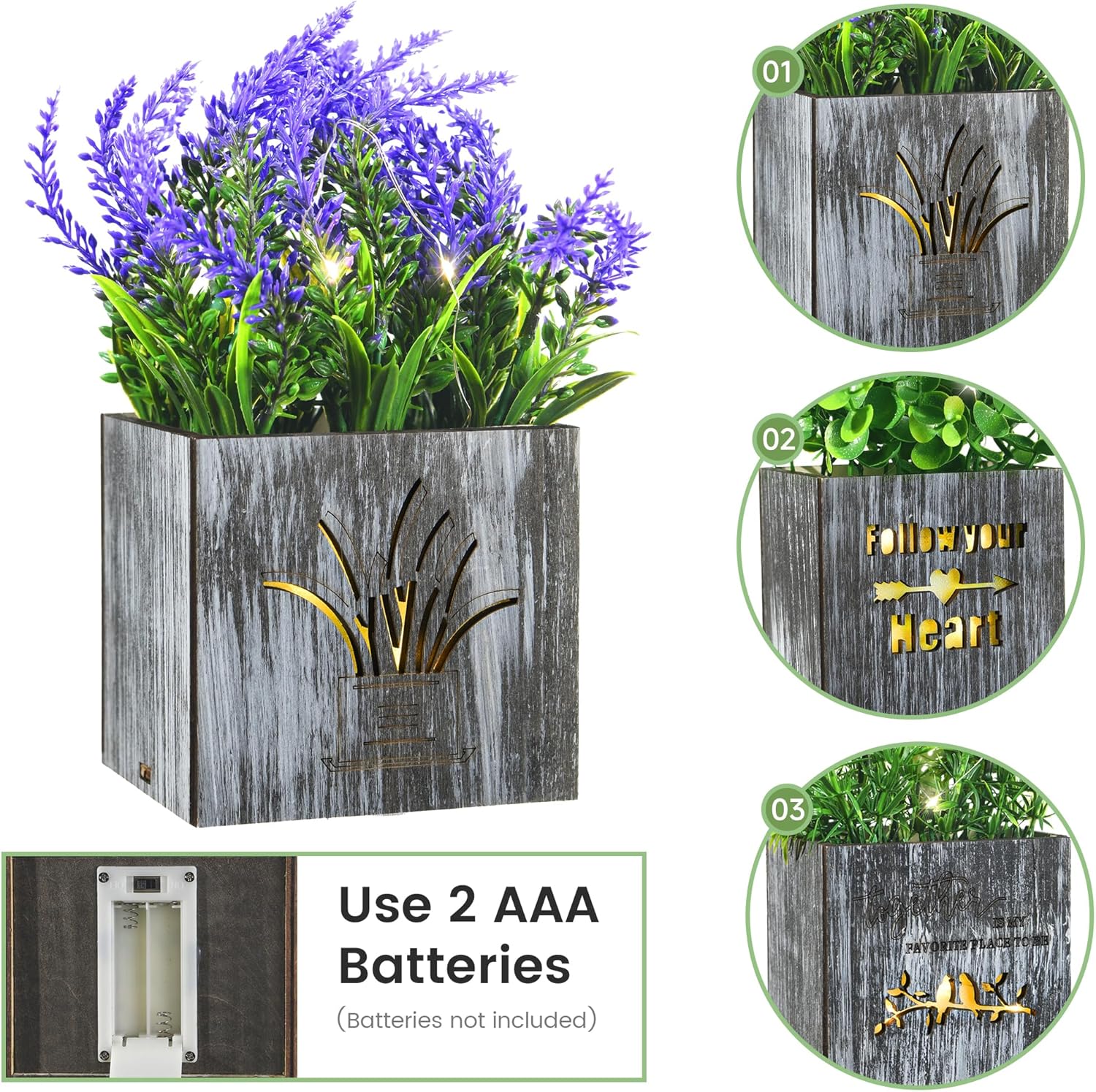 Fake Plants Artificial Eucalyptus Potted Plant with LED Lights 3Pcs Fake Plants in Pot for Home Decor Faux Lavender Plants and Flower Indoor in Wooden Box Pots