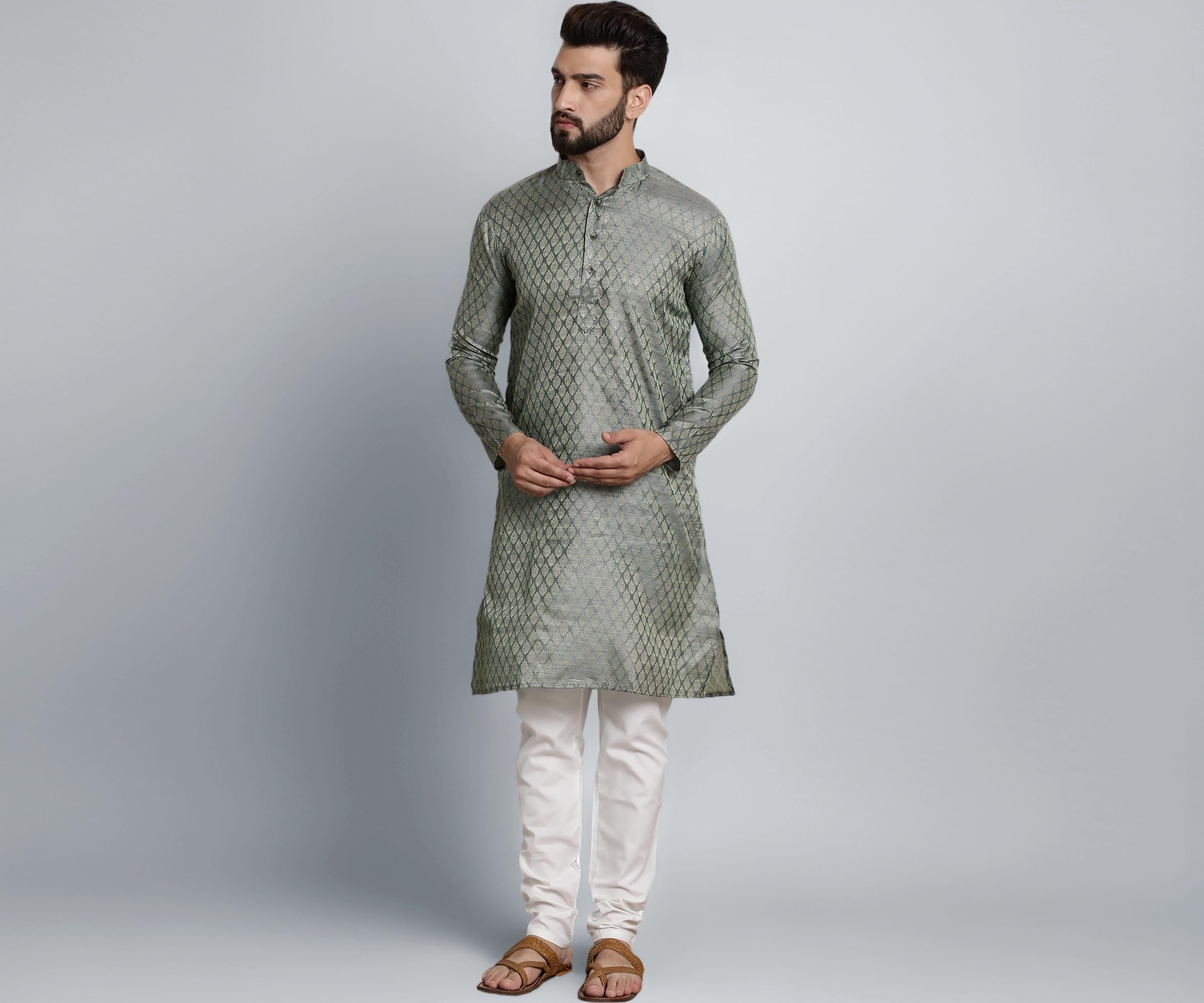 SOJANYA(Since 1958 Men’s Silk Blend Paisley Design Kurta & Off-White Churidar Pyjama Set
