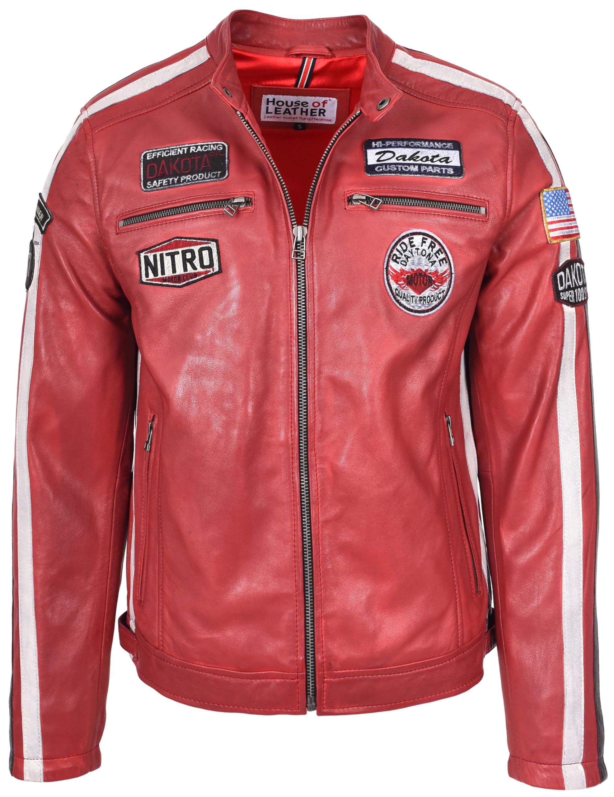 Mens Real Leather Biker Style Jacket Motorsport Racing Badges Style Bobby (UK, Alpha, L, Regular, Regular, Red)