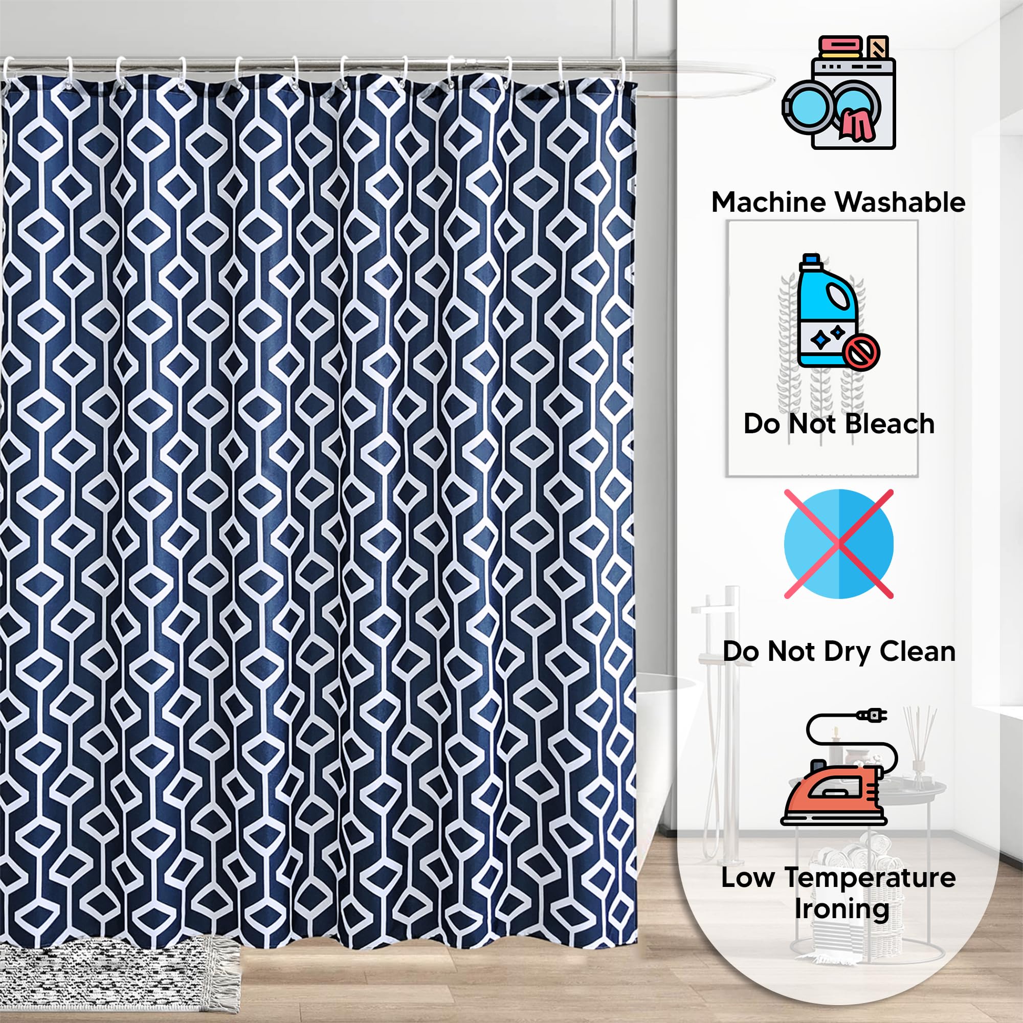 Trimming Shop Geometric Design Shower Curtain, Navy Blue Polyester Fabric Bathroom Curtain, Mould Resistant, With 12 Hooks - Image 3
