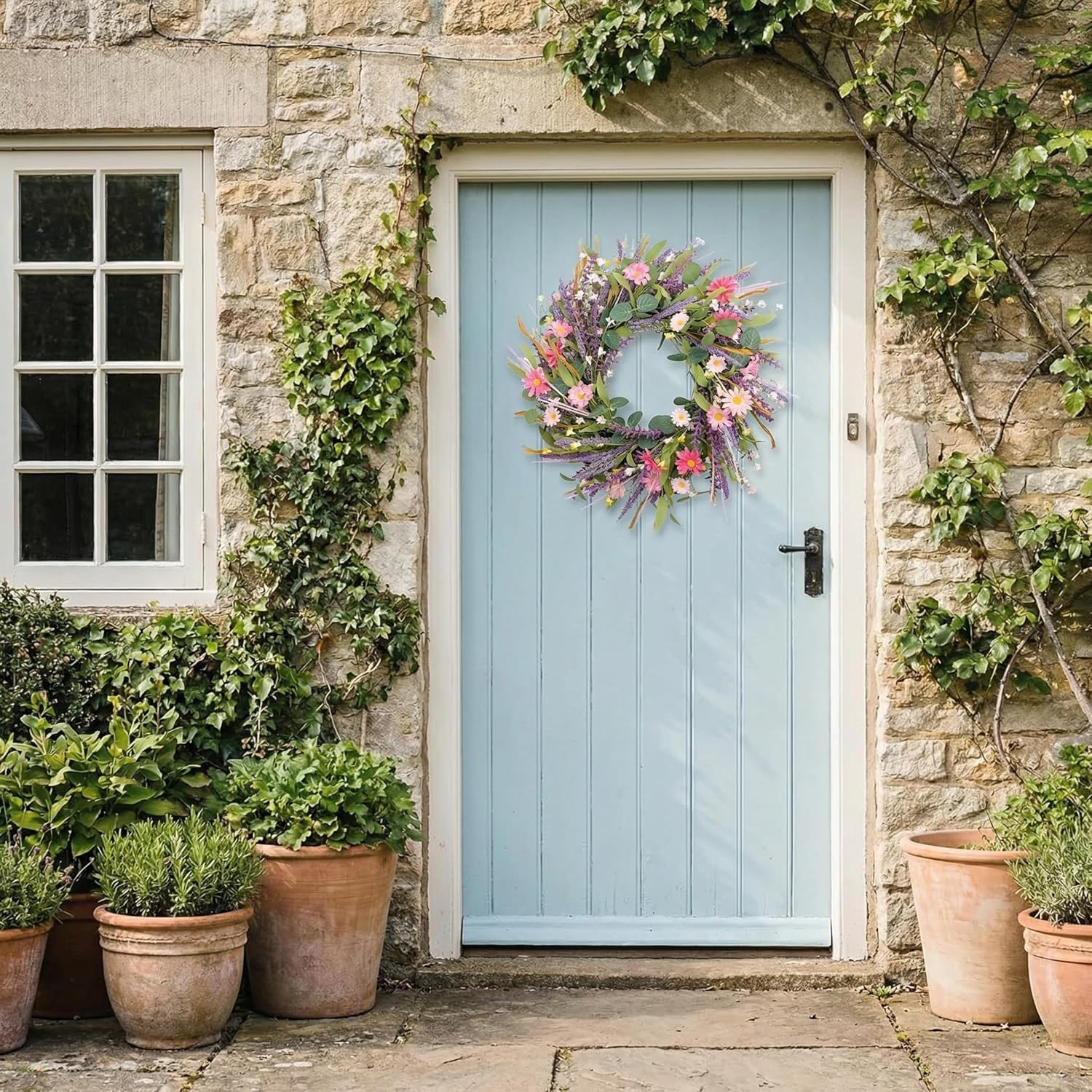 22inch Artificial Spring Summer Wreath Lavender with Colorful Flowers,Green Leaves for Front Door Home Wall Party Decor
