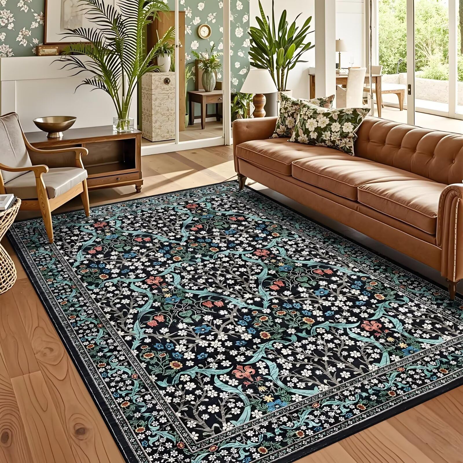 Alfombra lavadora pelo corto negra floral 100x200 para decoracion de habitacion juvenil