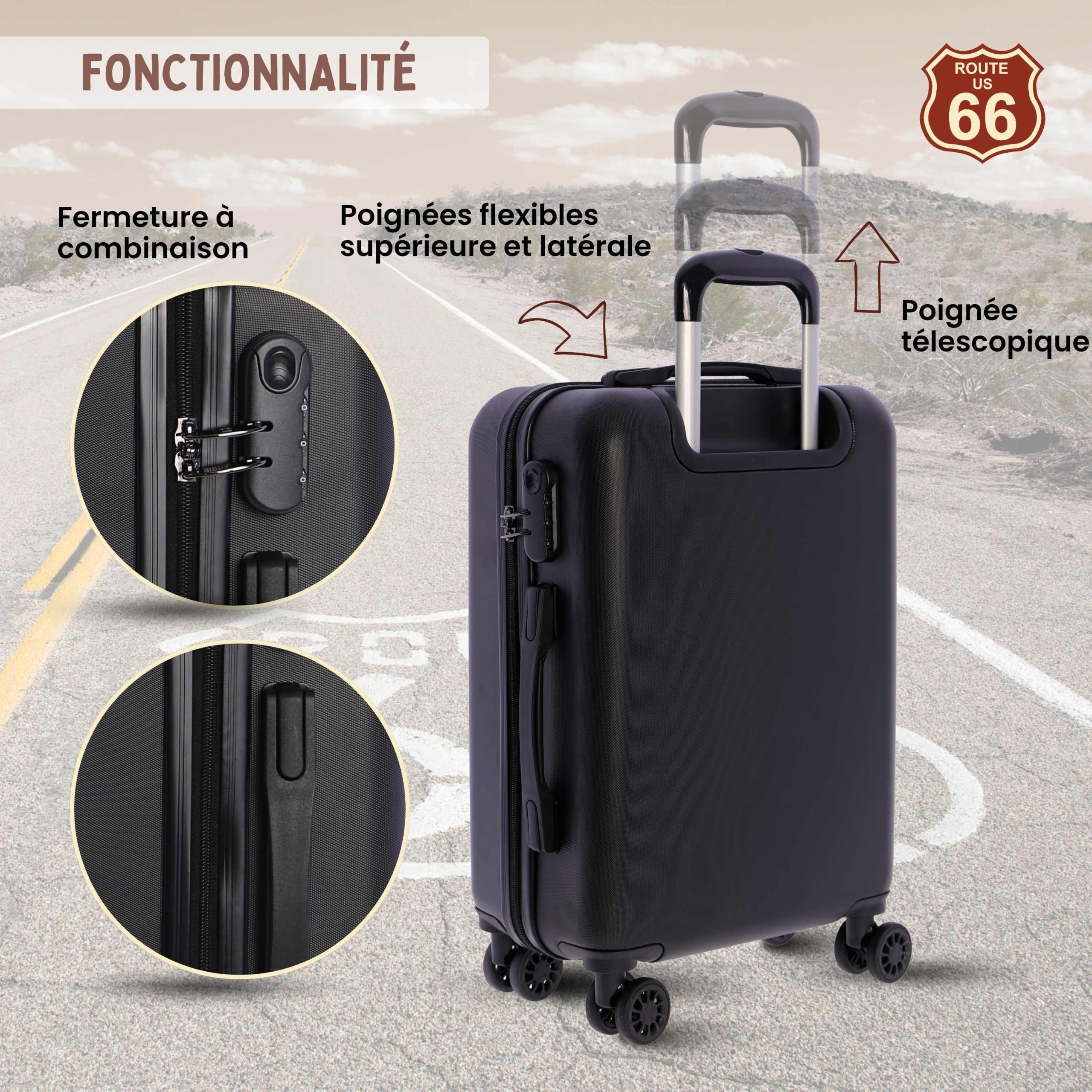 Route 66 - Walizka kabinowa 55x40x20 sztywny ABS 4 koła - bagaż samolotowy | Lekka twarda walizka, bagaż podręczny Ryanair, walizka na 4 kółkach, torba kabinowa samolotu, walizka podróżna na kółkach