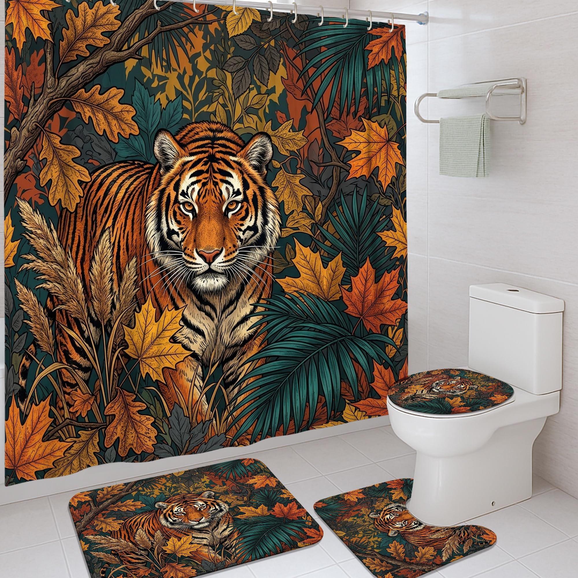Rideau de douche lavable anti-éclaboussures avec tapis orange et crochets pour douche