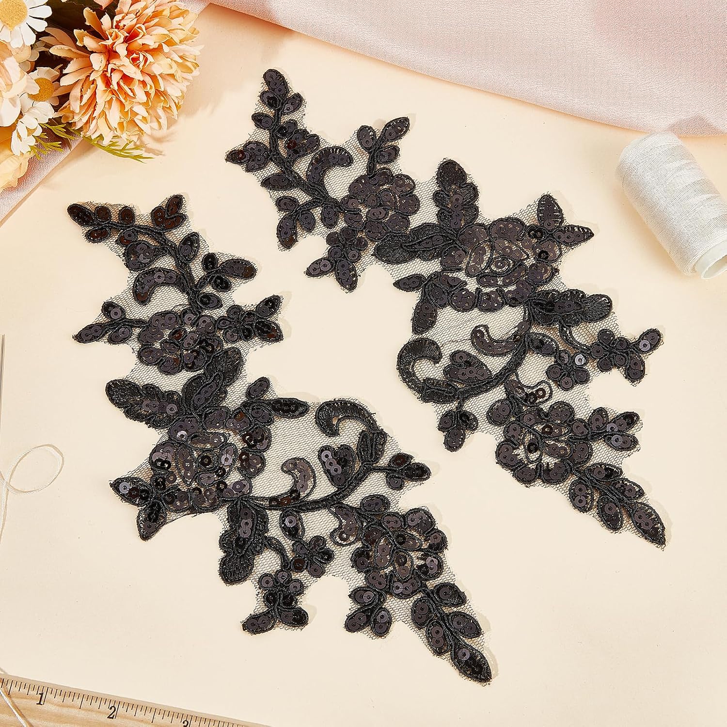 Pair of Embroidery Sequin Lace Applique, Flower Embroidered Sew on Patches | Leaf Vine Sew on Applique, Black Glitter Floral Patch, Collar Patches for DIY Sewing Crafts Clothes Bags Embellishments