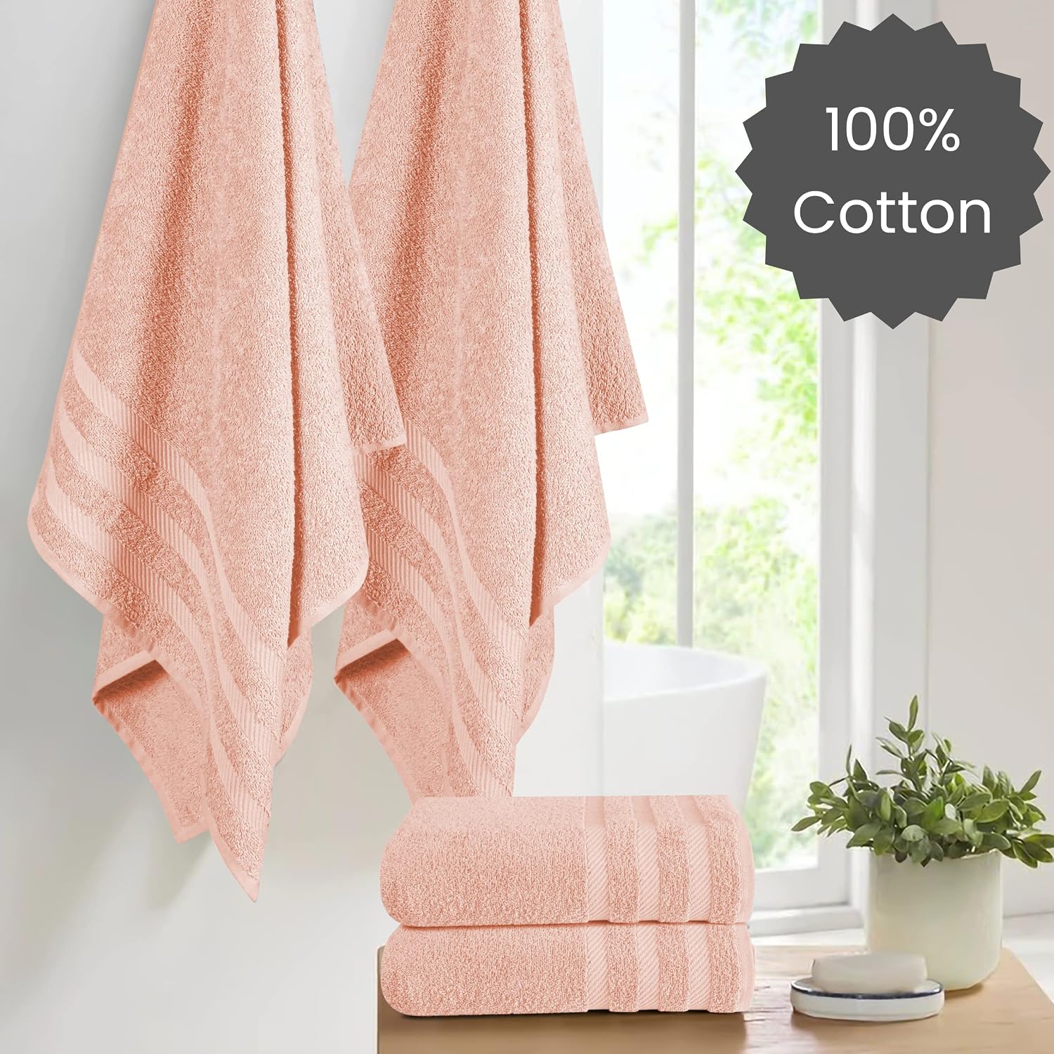 Cotton Clinic Luxury 4 Piece Bath Towel Set - 100% Cotton Bath Towels for Bathroom - 27x54 in Extra Large Bathroom Shower Towels - Quick Dry Absorbent Durable 4-Pack Bath Towels Peach