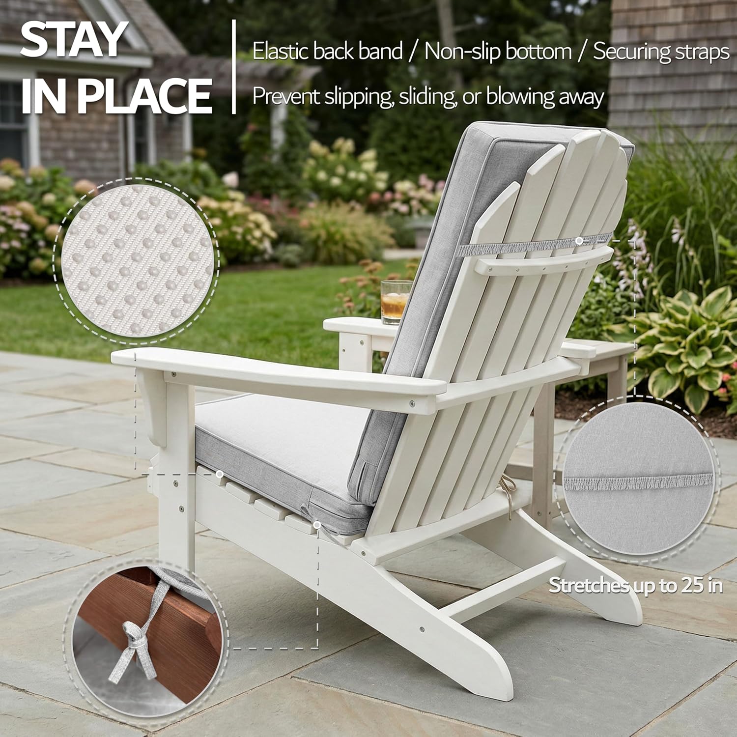 Adirondack Chair Cushions Set of 2 - Removable Covers, Water-Repellent & Fade-Resistant Faux Linen, Securing Straps, Non-Slip Bottom, Fit for Most Outdoor Adirondack & Rocking Chairs - Light Grey