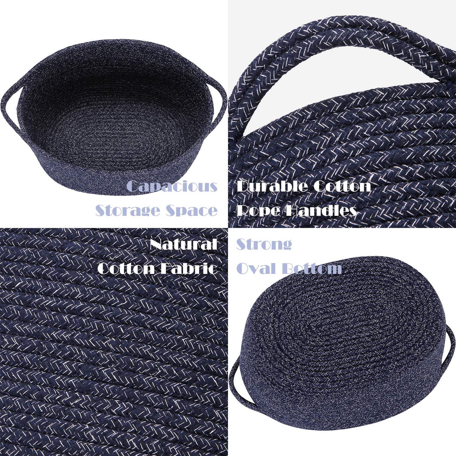 Sea Team 2-Pack Oval Cotton Rope Woven Storage Basket with Handles, Diaper Caddy, Nursery Nappies Organizer, Baby Shower Basket for Kid's Room, 14.2 x 9 x 11.4 Inches (Medium Size, Mottled Dark Blue)