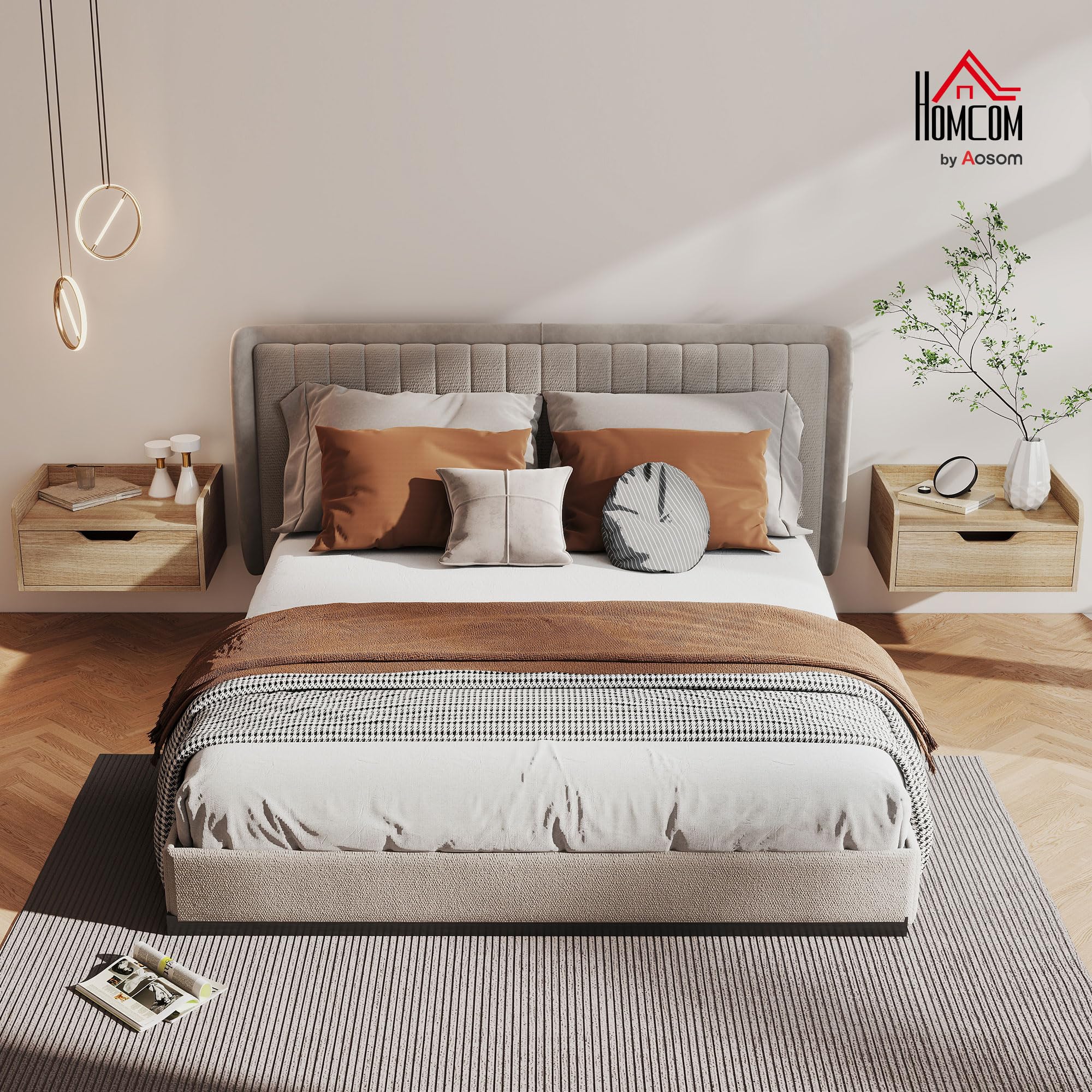 HOMCOM Set di 2 comodini da parete, comodini sospesi con cassetto e piano rialzato, stile moderno, per camera da letto, soggiorno, 40 x 30 x 19,5 cm, legno naturale
