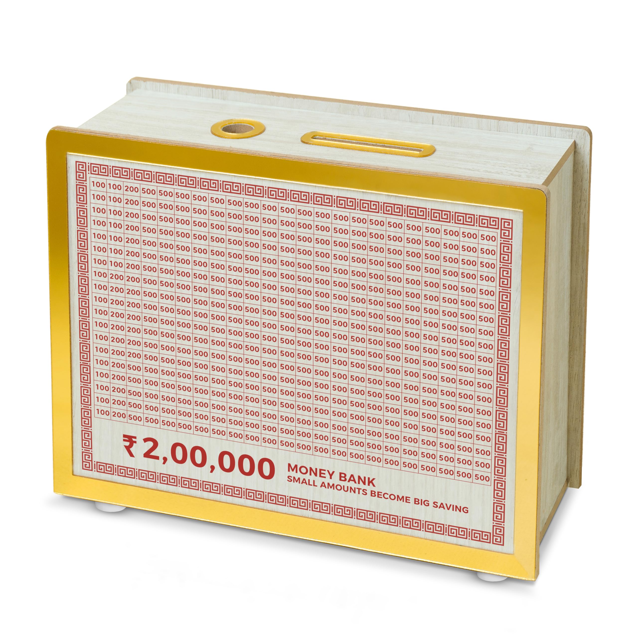 Bmado Wooden Money Bank | Laminated Secure Saver Box | Secure Your Money from Mold | Writable with Any Pen | 2 Lakh Savings Piggy Bank for Kids & Adults