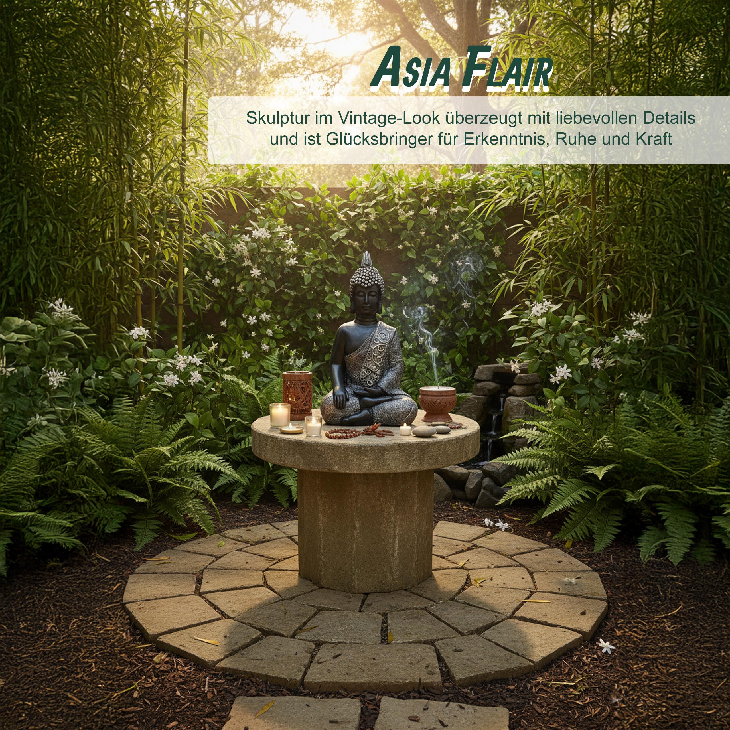 Relaxdays Buddha Figur sitzend, 45 cm, Gartenfigur, Vintage Dekofigur Wohnzimmer, wetterfest, frostsicher, anthrazit