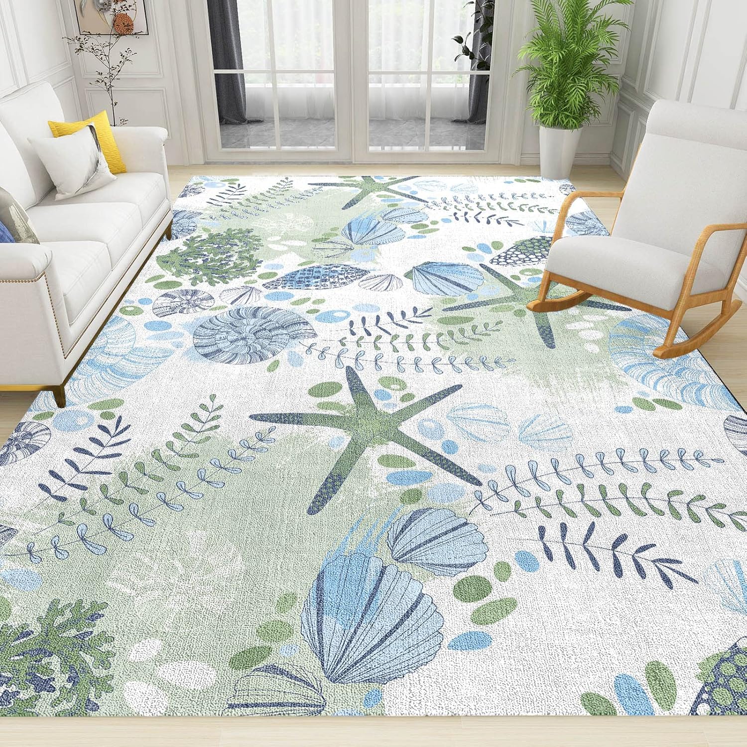 Nautical Coastal Ocean Area Rugs, Green Beach Theme Stain