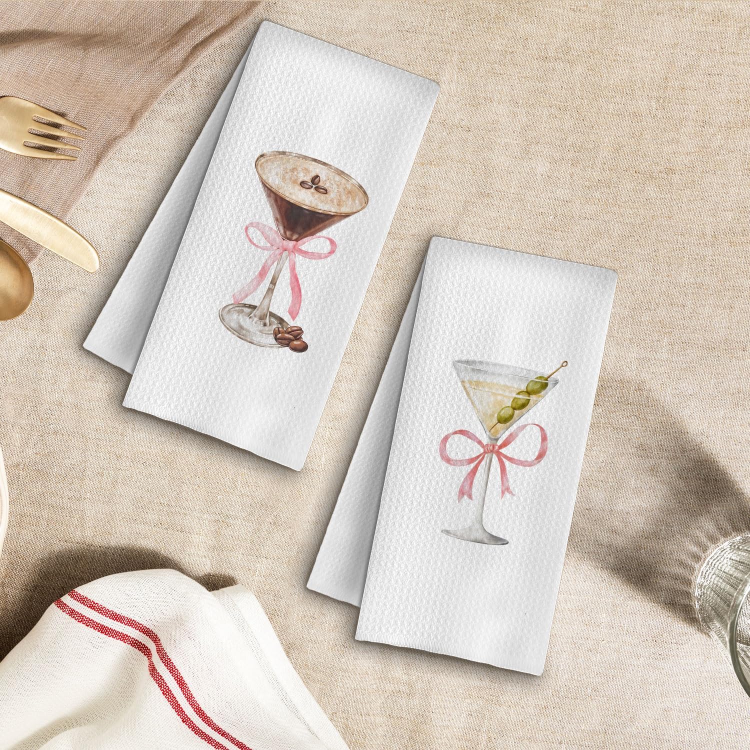 Dirty Martini Gifts Kitchen Towels Set of 2, Pink Coquette Martini Bow Dish Tea Bar Towels for Kitchen Bar Cart Decor, Gifts for Cocktail Lovers Women Decorative Hand Towels, 16x24 Inches - Image 4
