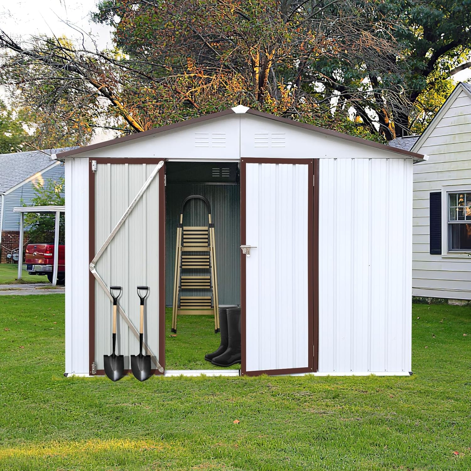 Herringbone Metal Garden Shed 6ftx8ft Outdoor Storage Shed, Heavy-Duty Steel Construction, Weather-Resistant Utility Shed for Garden Tools - Lawn Equipment (Grey)
