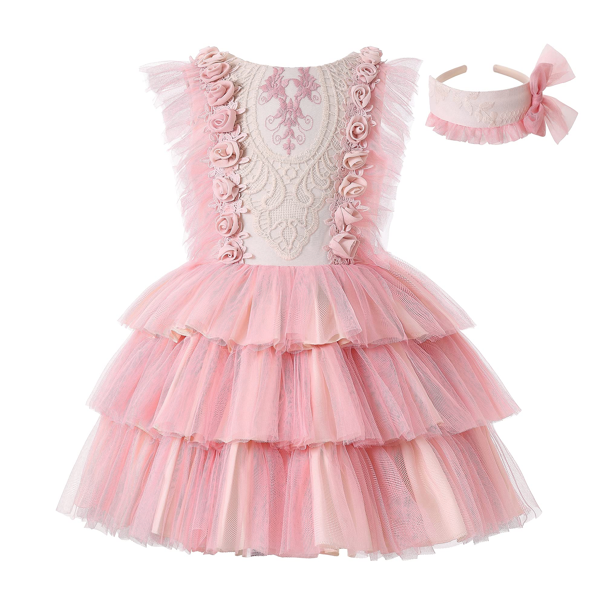 Ju petitpop Niñas pequeñas Verano Rosa Encaje Volantes Boda Fiesta de cumpleaños Vestidos de Lujo Ropa 3 4 5 6 7 8 9 10