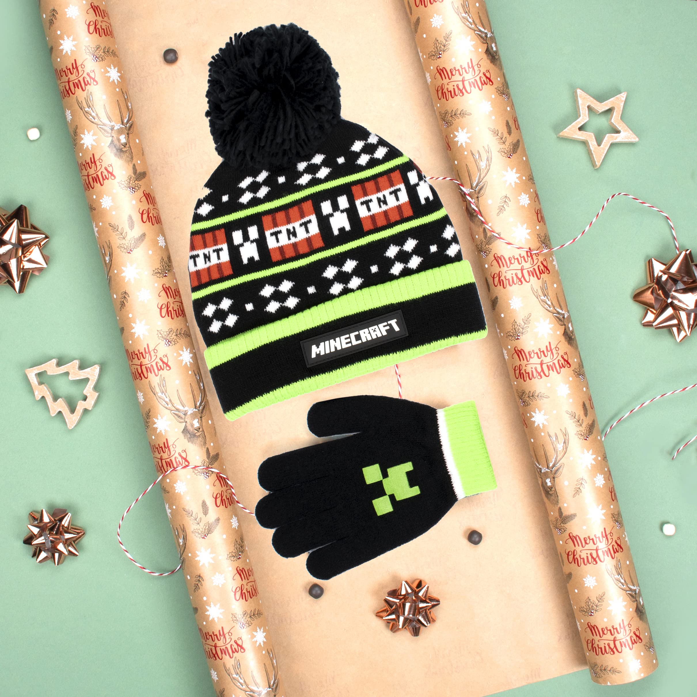 Minecraft Gorro y Guantes de Lana Negros para Niños - Diseño de Píxeles - Talla Única 6-12 Años - Mercancía Oficial