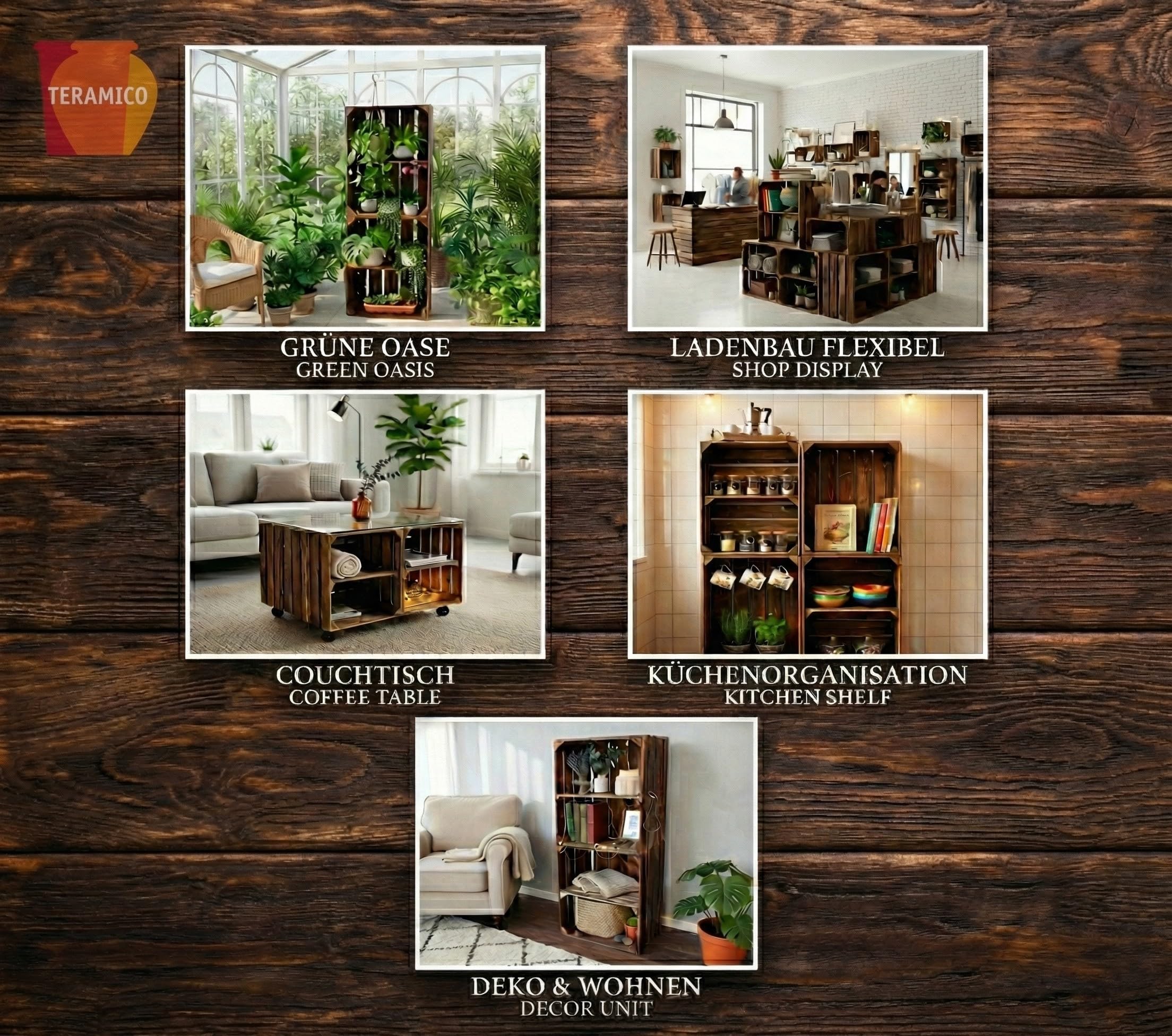 Teramico Holzkisten geflammt 50x40x30cm (4er Set | 2 x Boden Kurz) | Geflammte Vintage Weinkisten im Set als Regal oder zur Aufbewahrung nutzen. Perfekt für stilvolle Dekoration im Wohnzimmer.