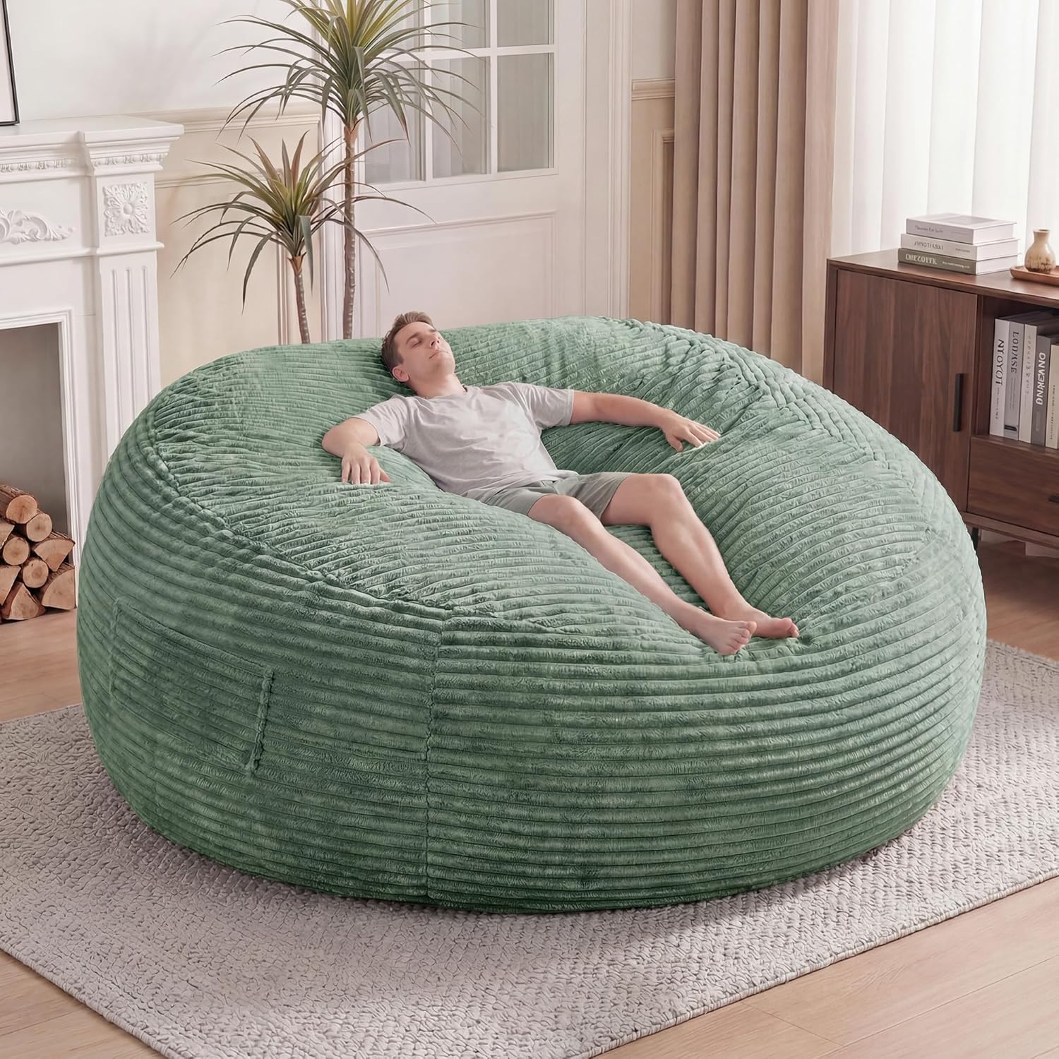 Claiks 8 Ft Giant Foam Bean Bag Chair, Oversized Couch with Removable Cover, Soft Plush Bean Bag Chairs for Adults and for Kids Teens Adults in Living Room, Green