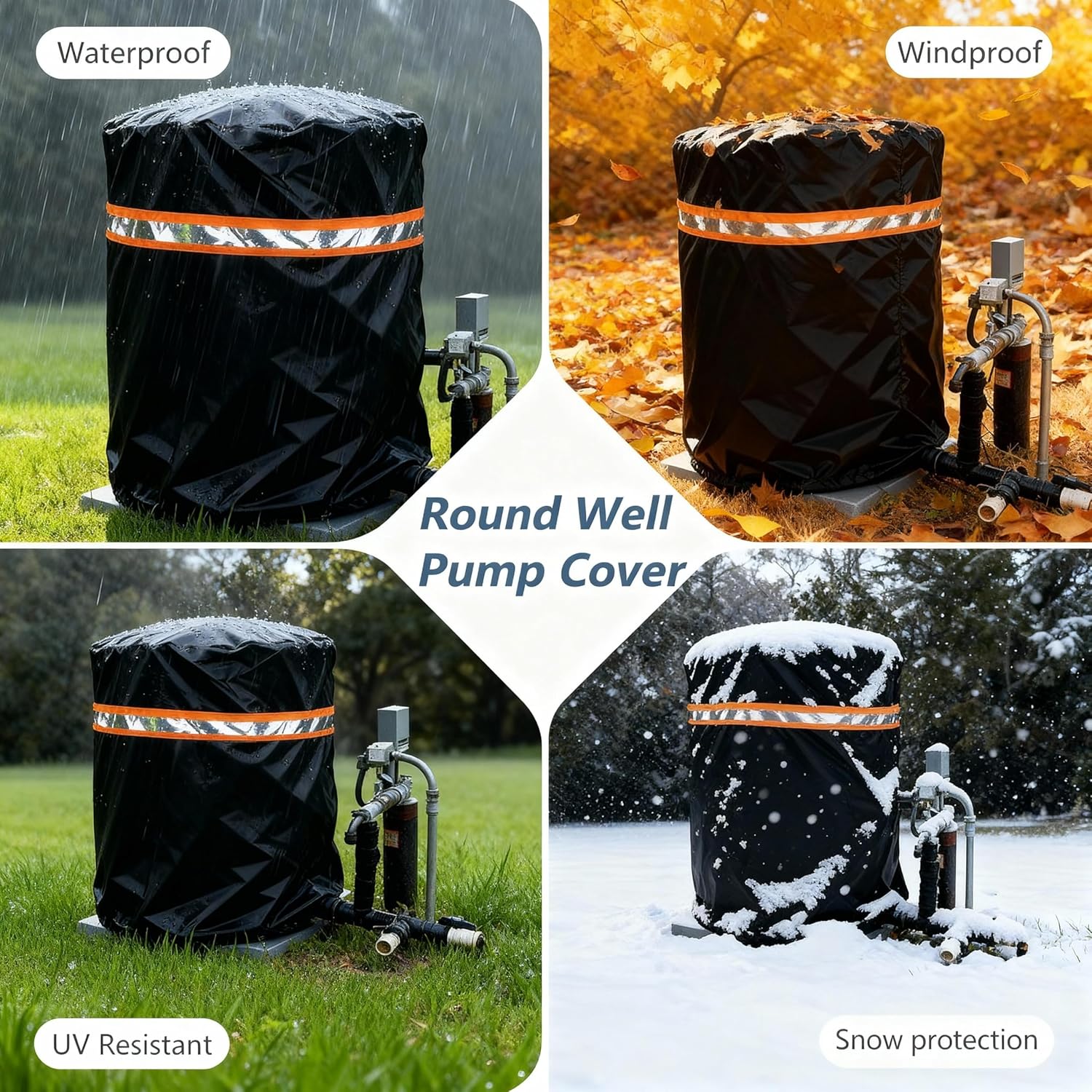 Round Well Pump Cover,Insulated Frost Protection Down to 5°F, Decorative Well Head Cover with Reflective Strips,Hide Your Water Well Pump Head and Improve Curb Appeal,12"Dia x 14"H (Black) - Image 4