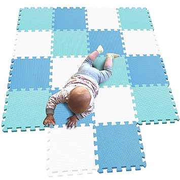 MQIAOHAM 18 pcs Children Foam Play mat playmat Gym Rug Baby Toddler mats for Infants Play-mat Kid Portable edu Soft Kids infantino Tiles Toddlers Floor Large Carpet Outside White Blue Green 101107108