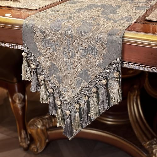 Loom and Mill Camino de mesa de lujo de 90 pulgadas de largo elegantes caminos de mesa de comedor jacquard con múltiples borlas hechas a mano para