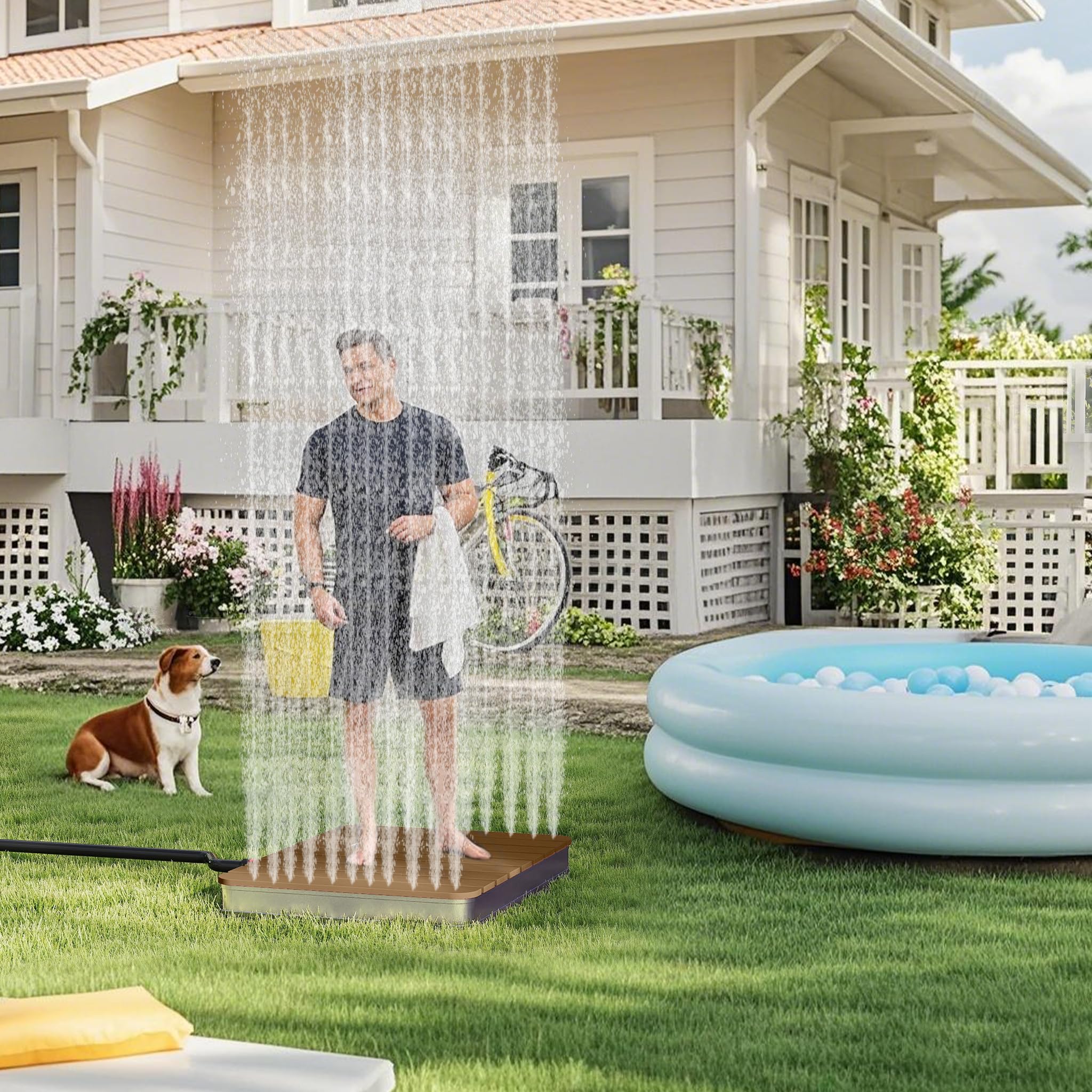 XMTECH WPC - Ducha de jardín antideslizante para exteriores, ducha de camping, ducha exterior, cartucho de sauna, 70 x 55 cm, rectangular, para camping, jardín, piscina, ducha con rueda de pie